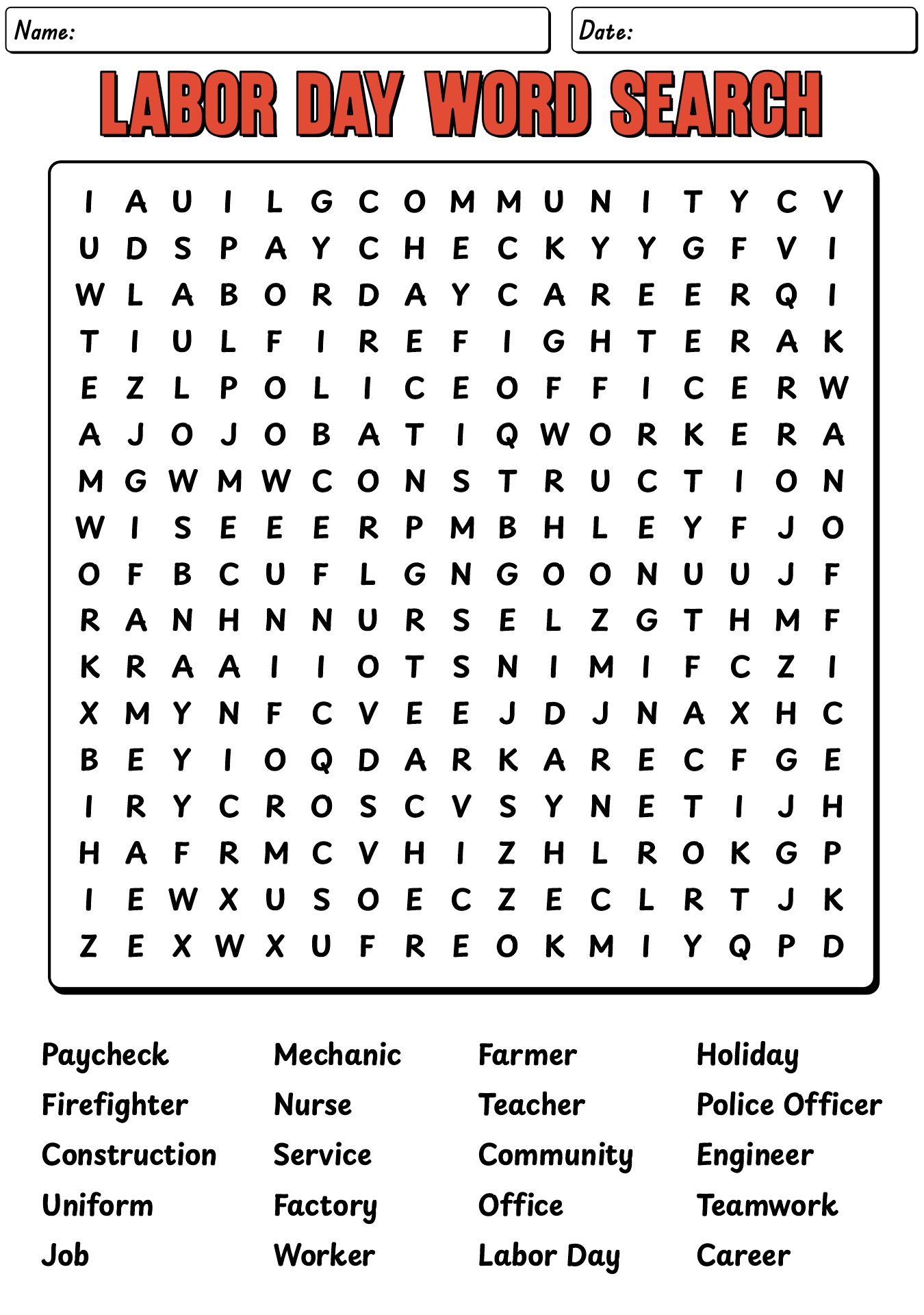 Labor Day Word Search Puzzles Elementary