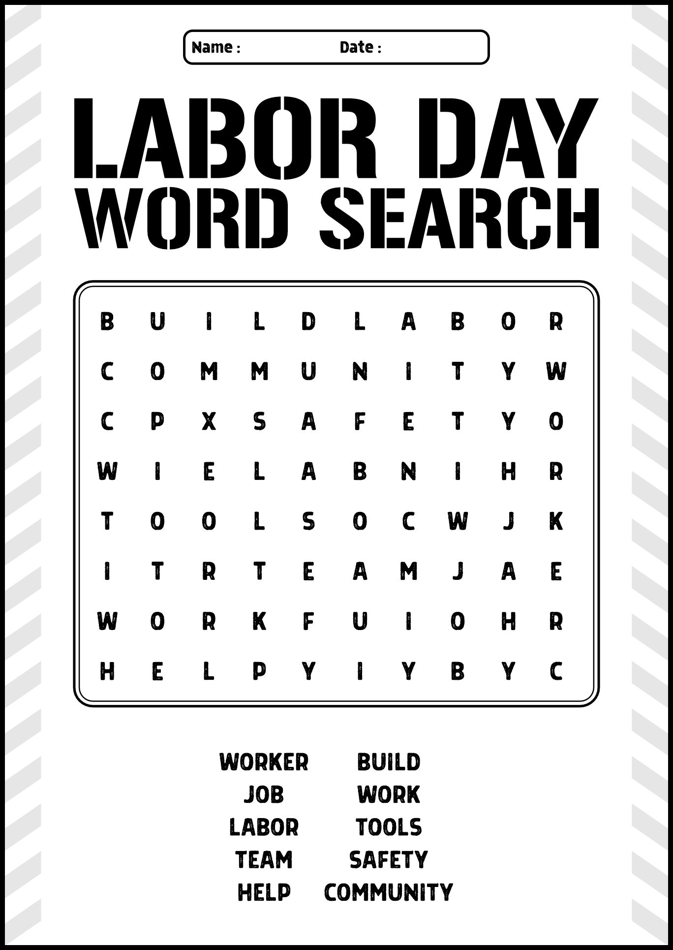 Labor Day Word Search Puzzles for Kids