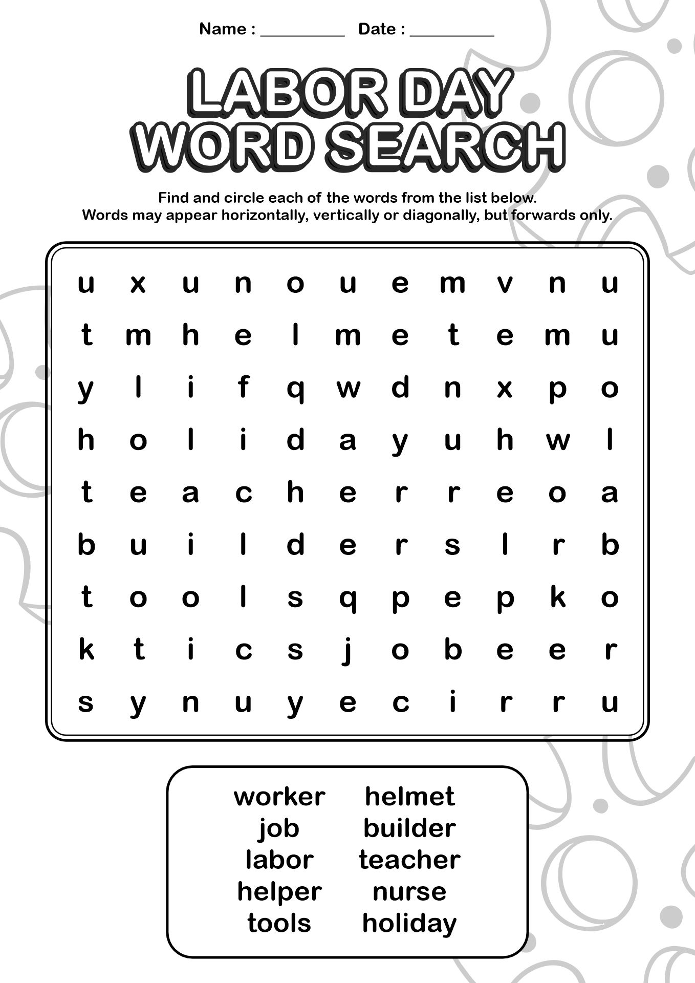 Labor Day Word Search Worksheet for Kids