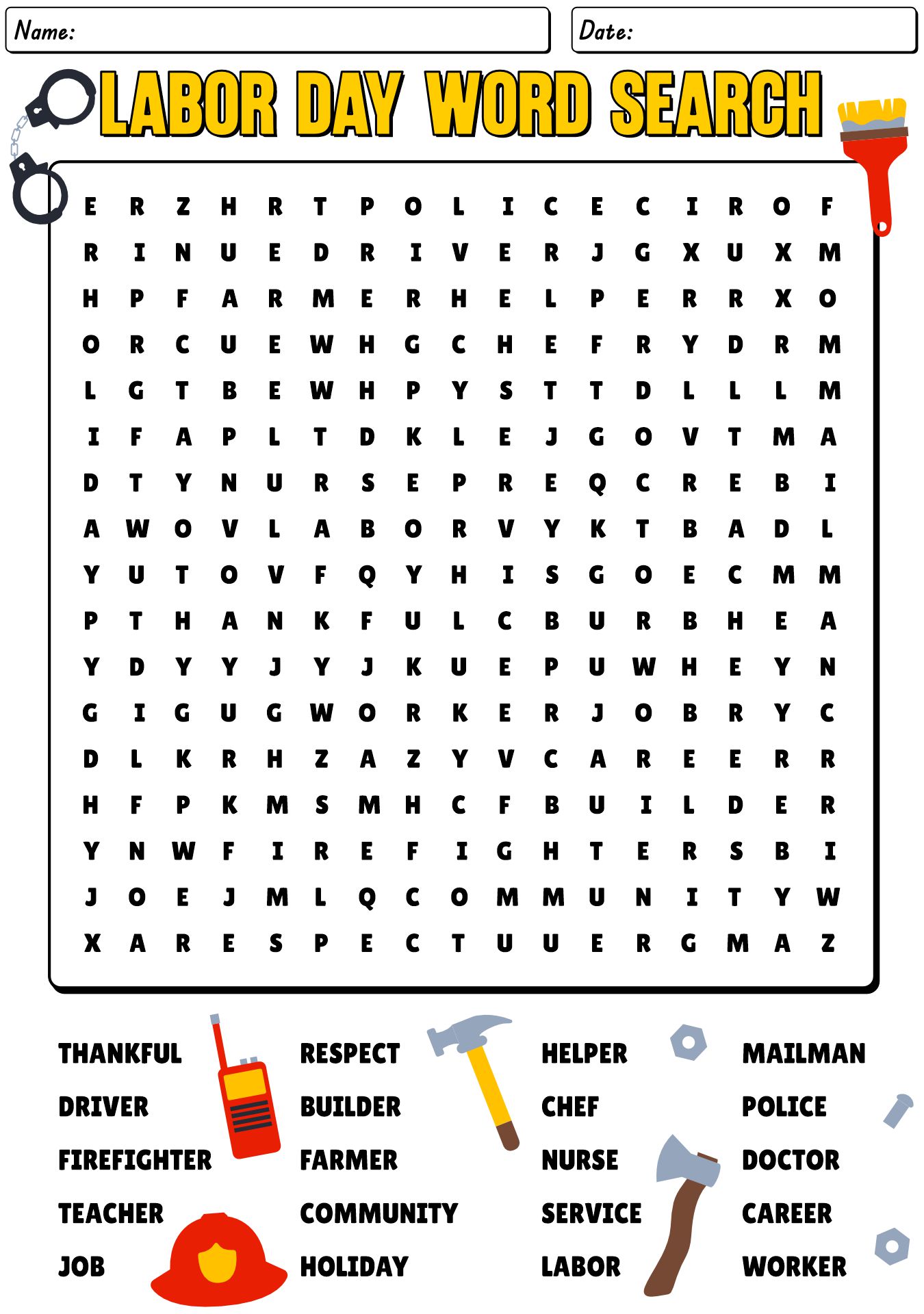 Labor Day Word Search Worksheets