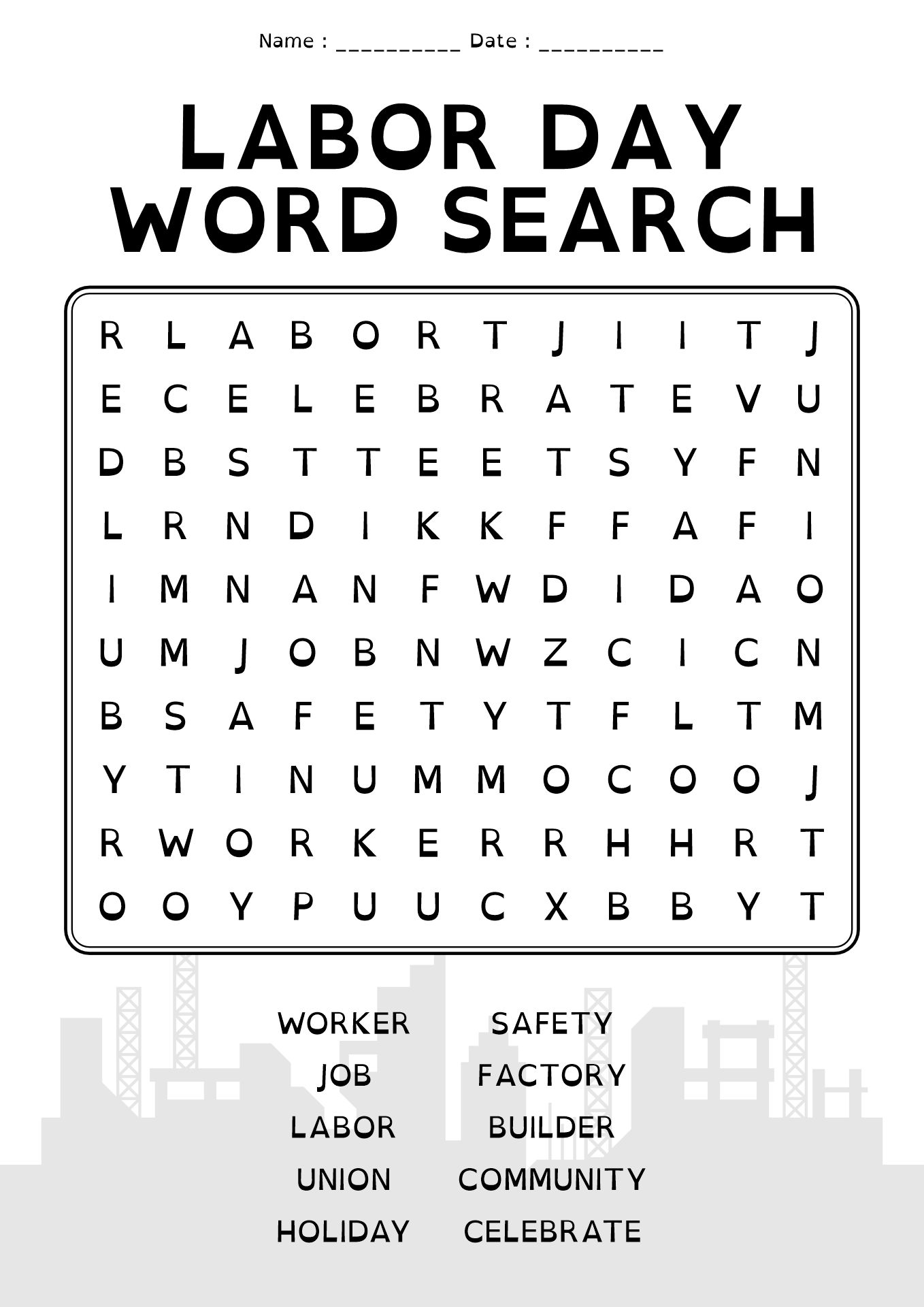 Labor Day Word Search Worksheets