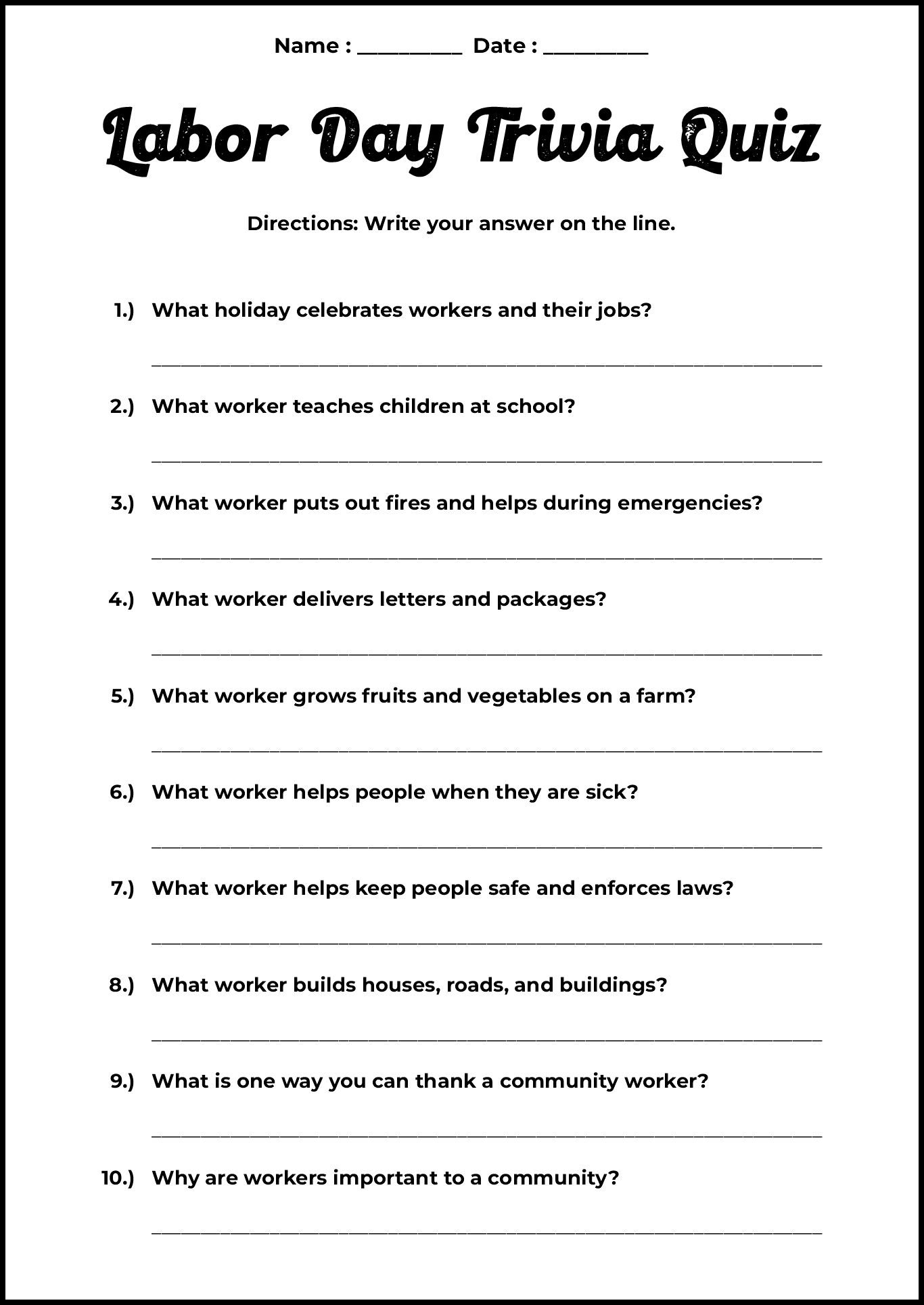 Labor Day Worksheets Printable for Young Students