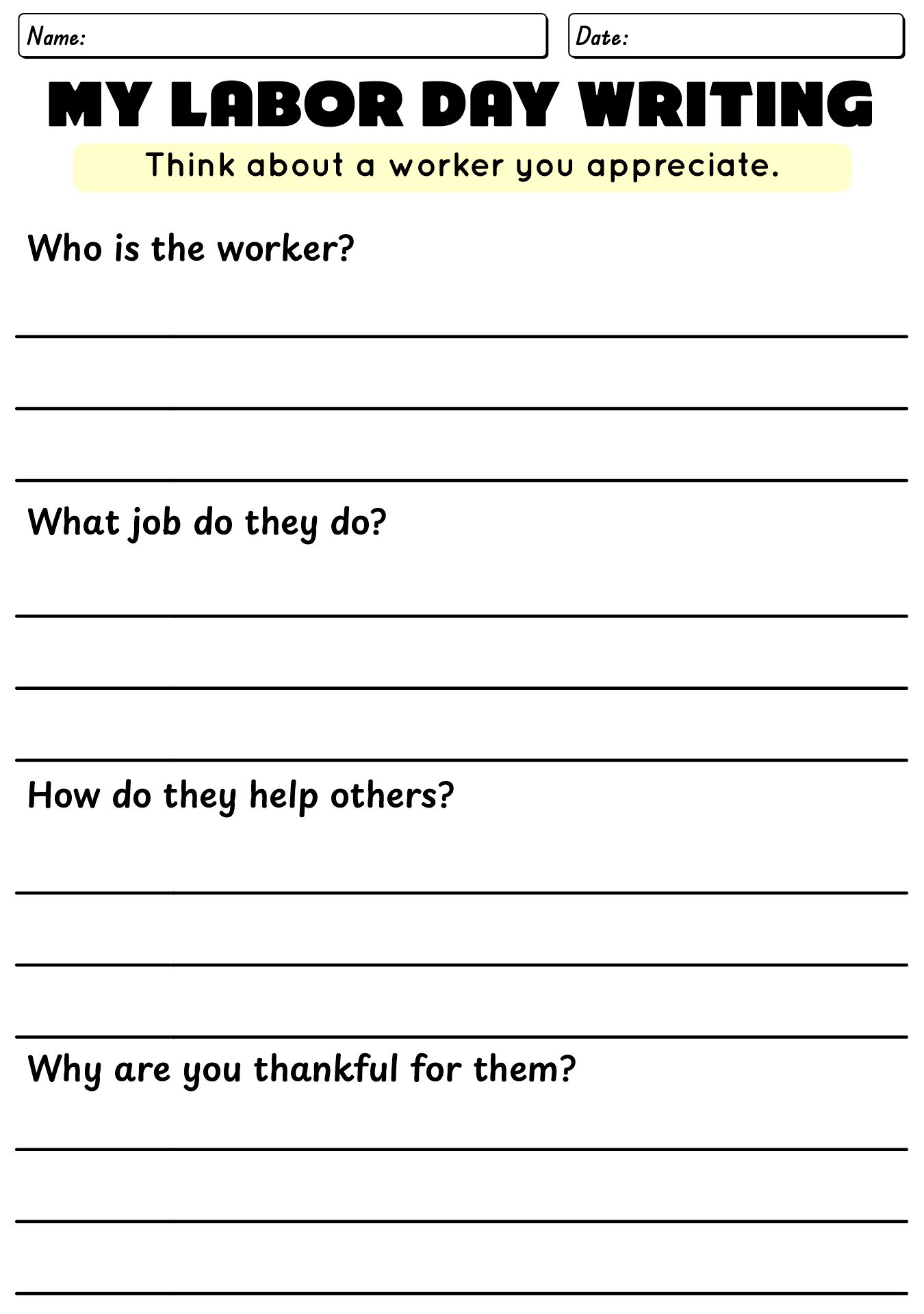Labor Day Writing Practice Worksheet
