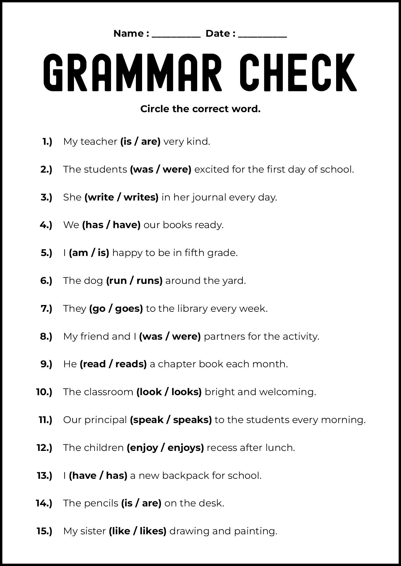 Language Arts First Day Worksheets for 5th Grade