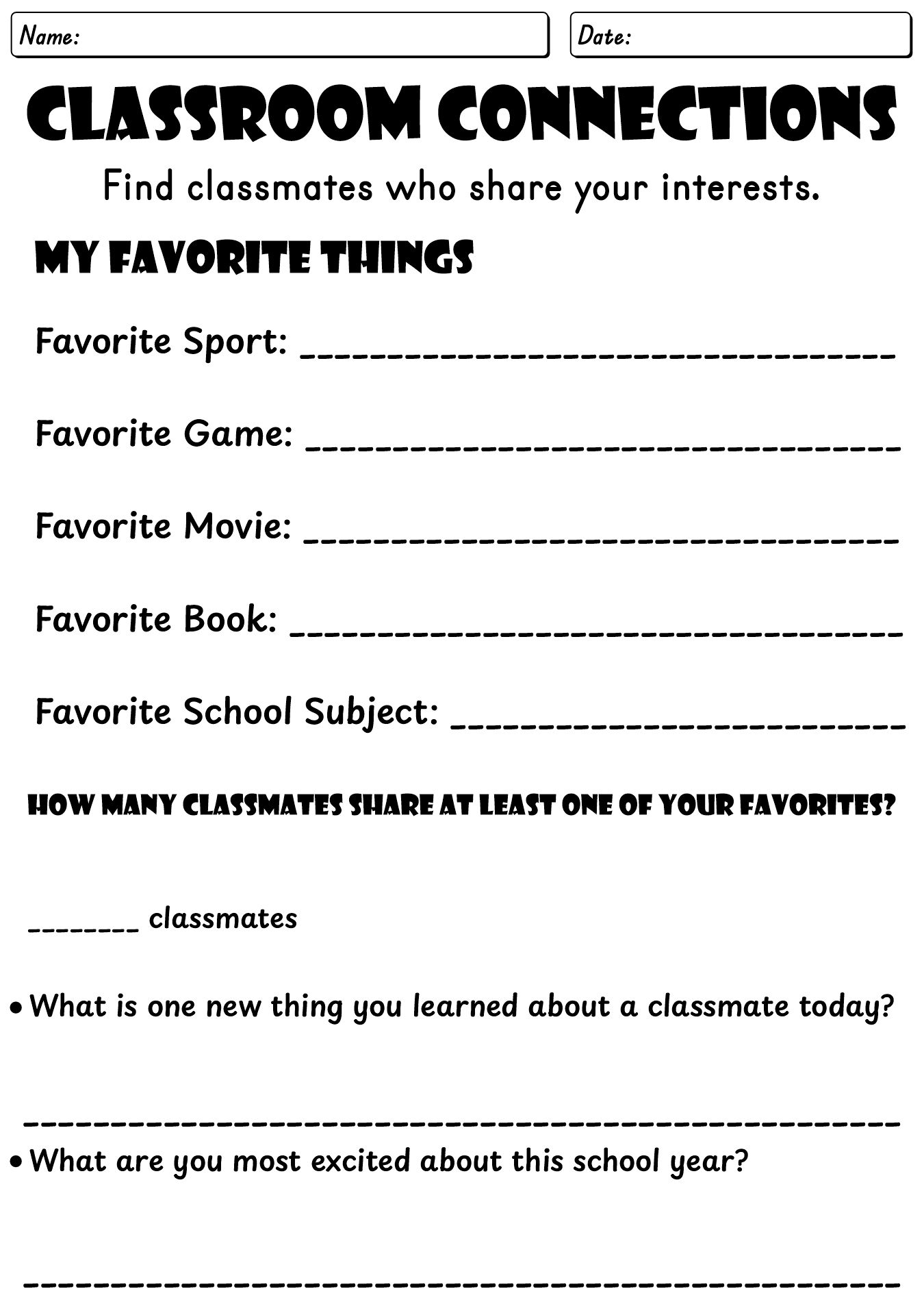 Middle School First Day Icebreakers Worksheets
