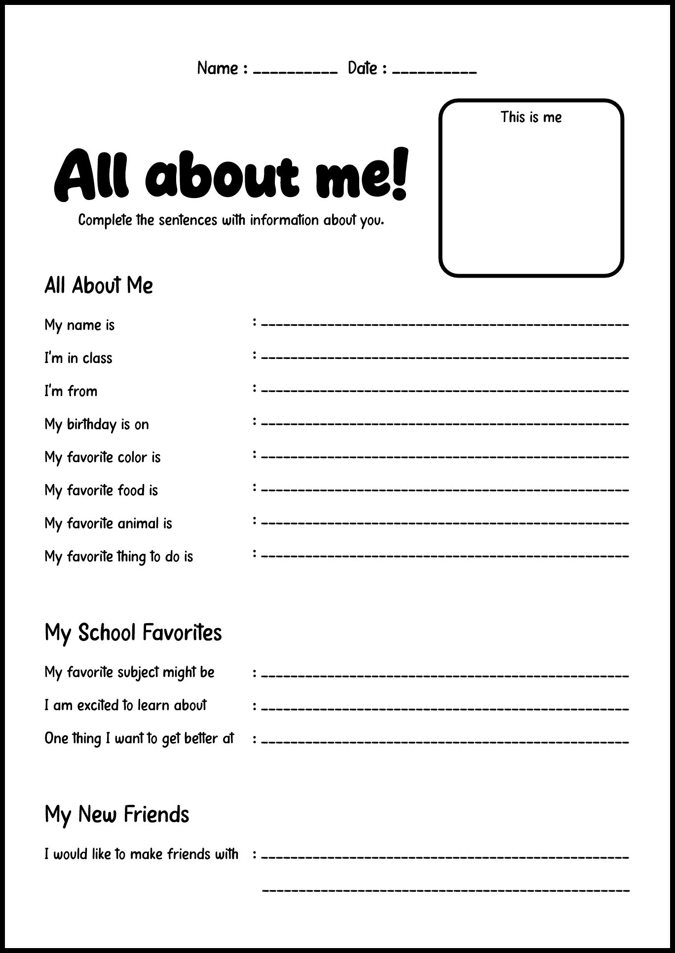 My First Day of School All About Me Worksheet