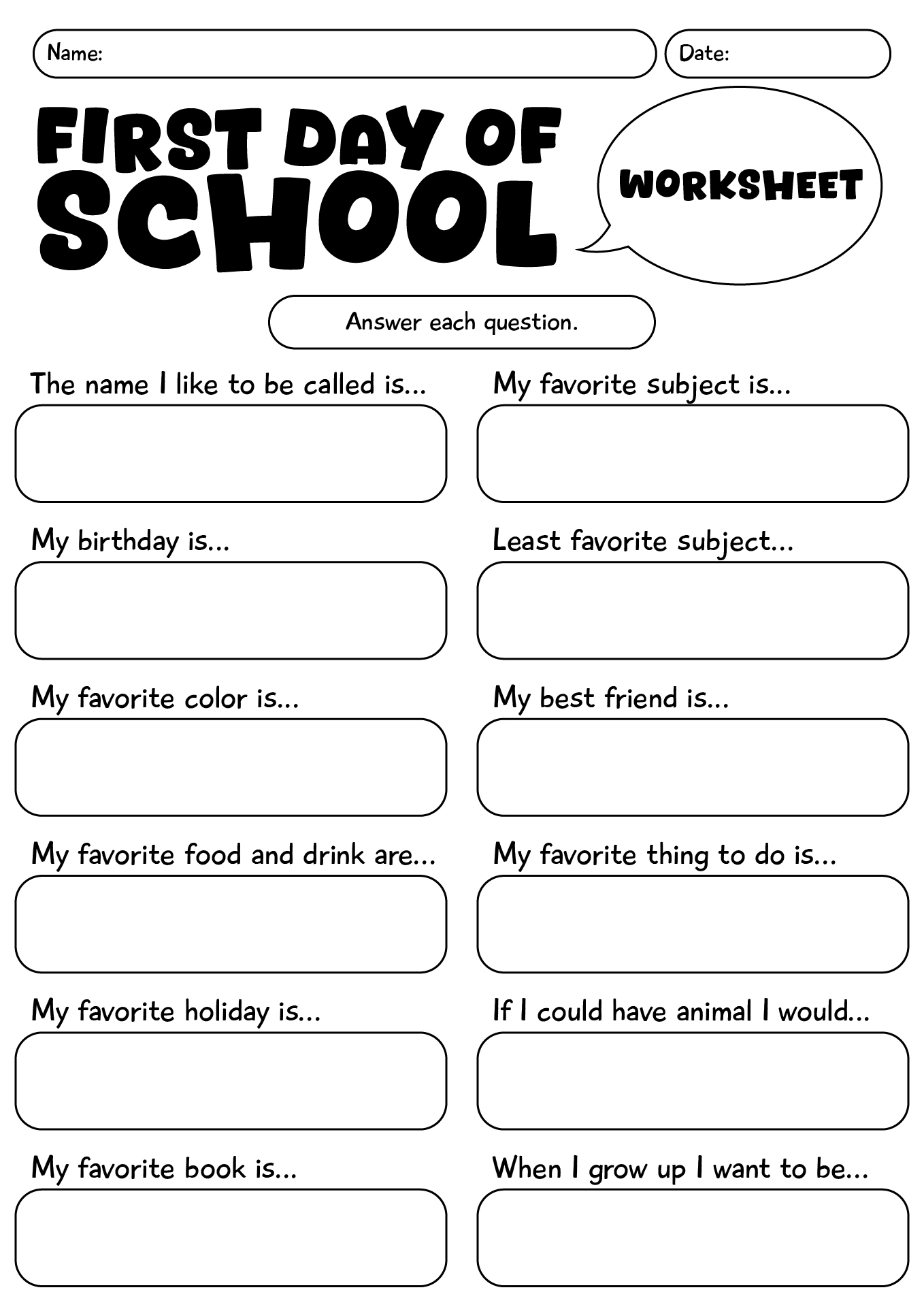 My First Day Of School Worksheet