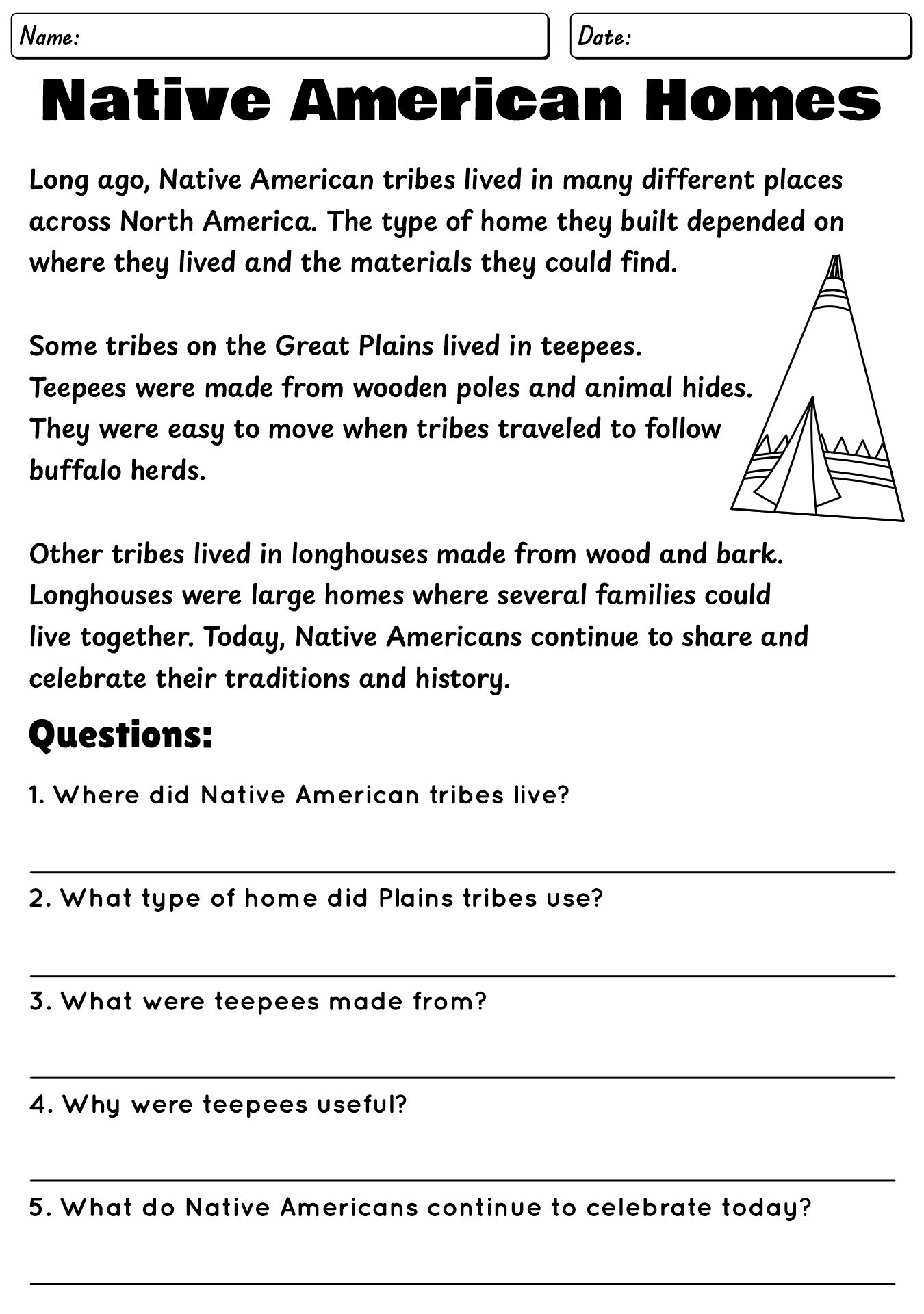 Native American 4th Grade Reading Comprehension Worksheet