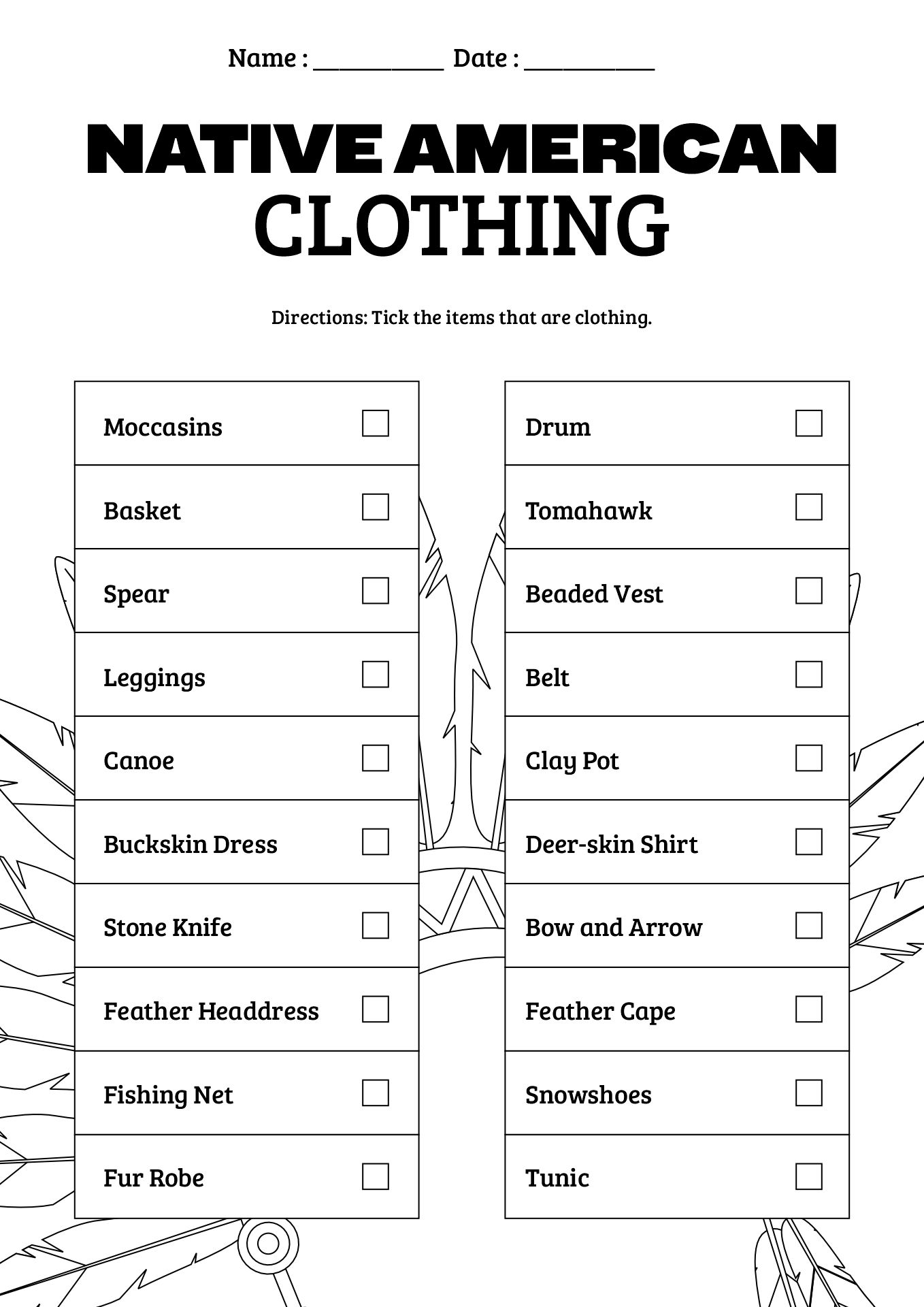 Native American Clothing and Tools Worksheets Grade 2