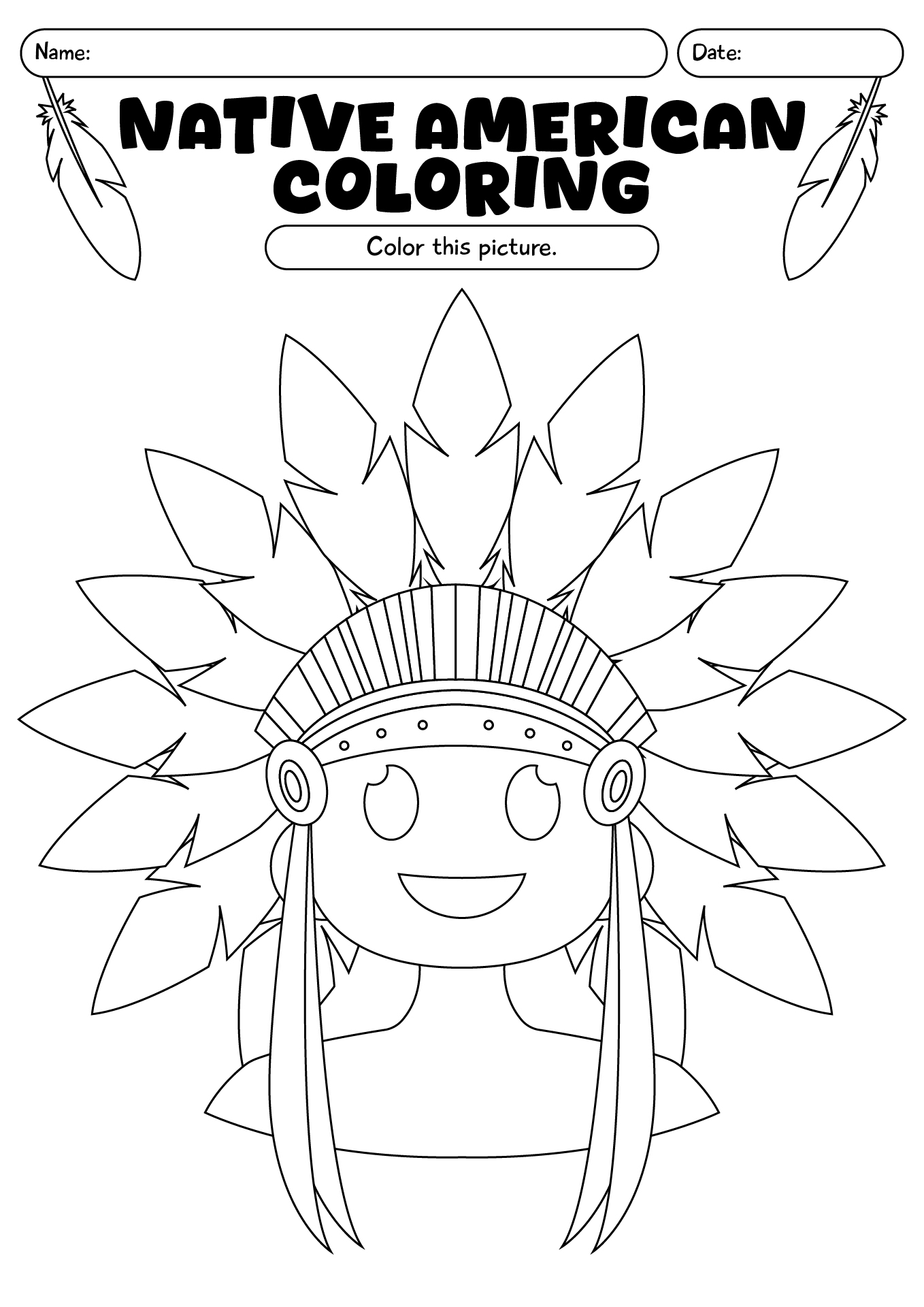 Native American Coloring Page Worksheet