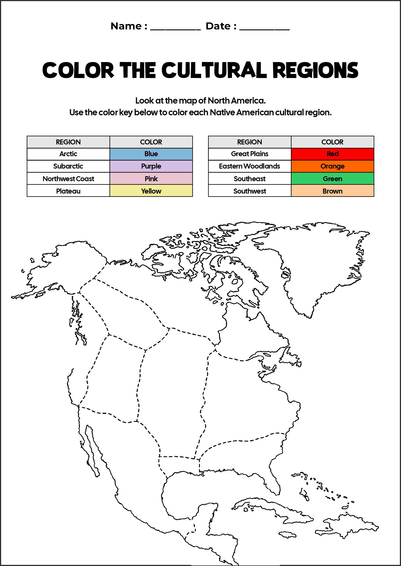 Native American Cultural Regions Mapping Worksheet