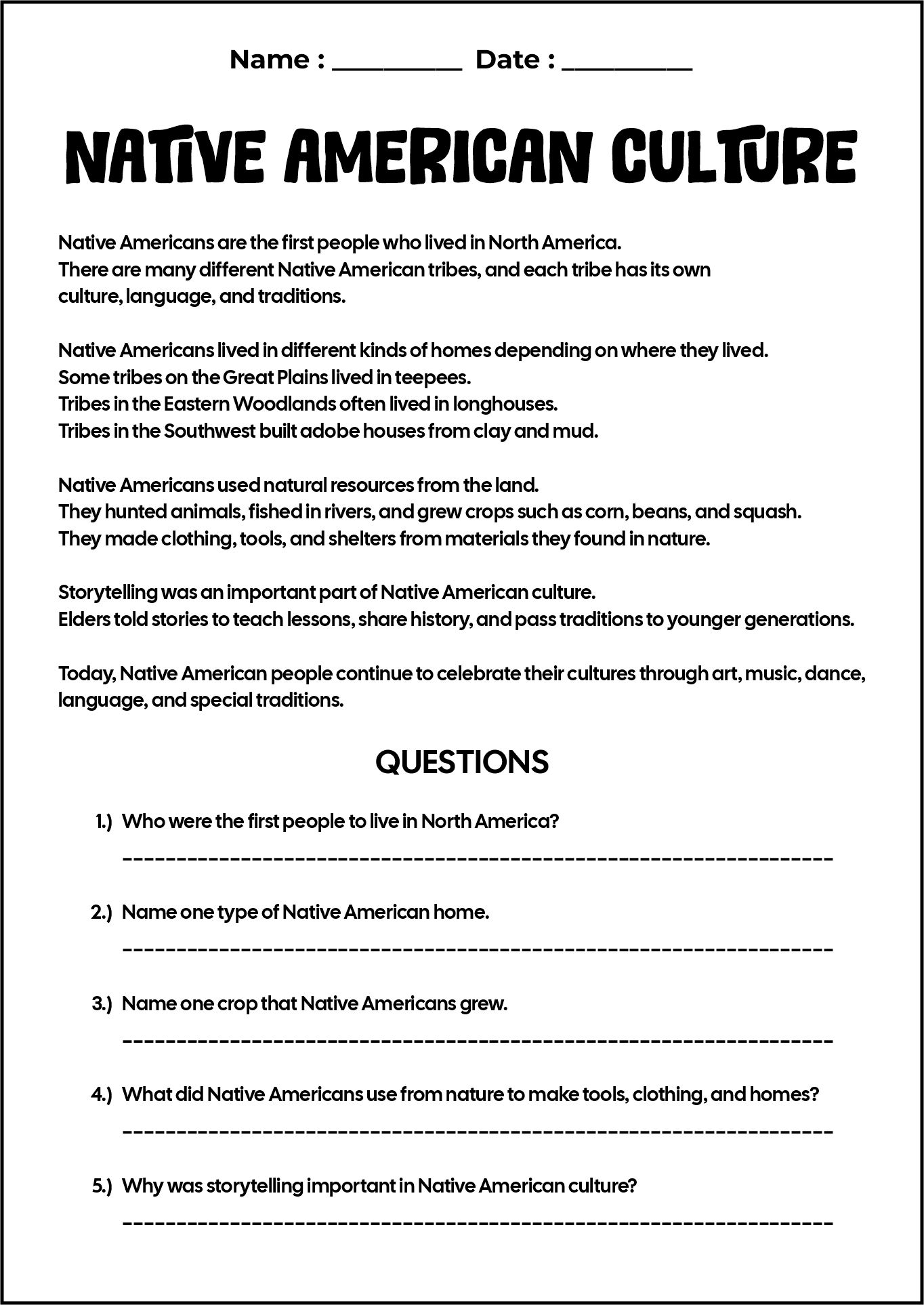 Native American Culture Reading Worksheets