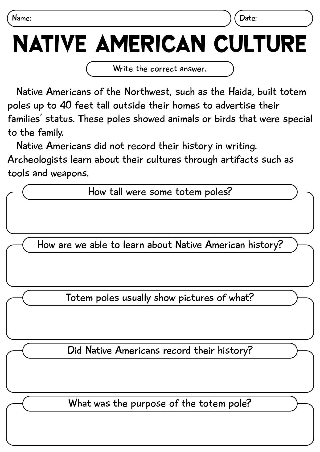 Native American Culture Worksheet