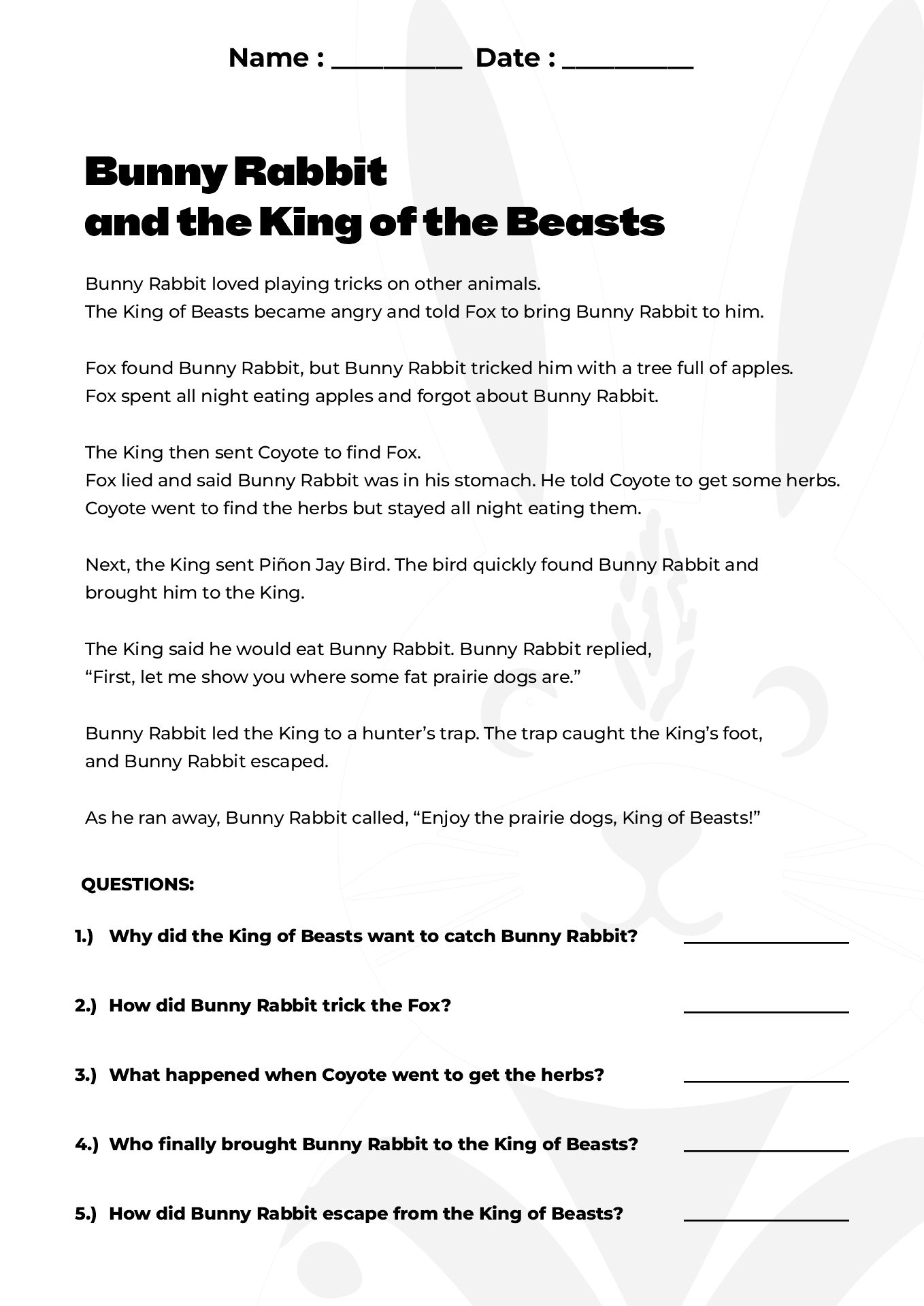 Native American Folklore and Stories 2nd Grade Sheets