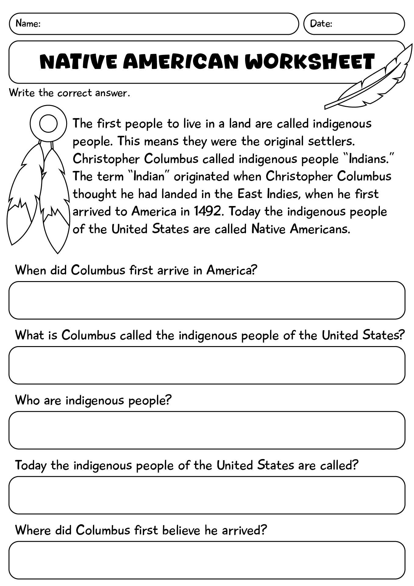 Native American Heritage Day Worksheet
