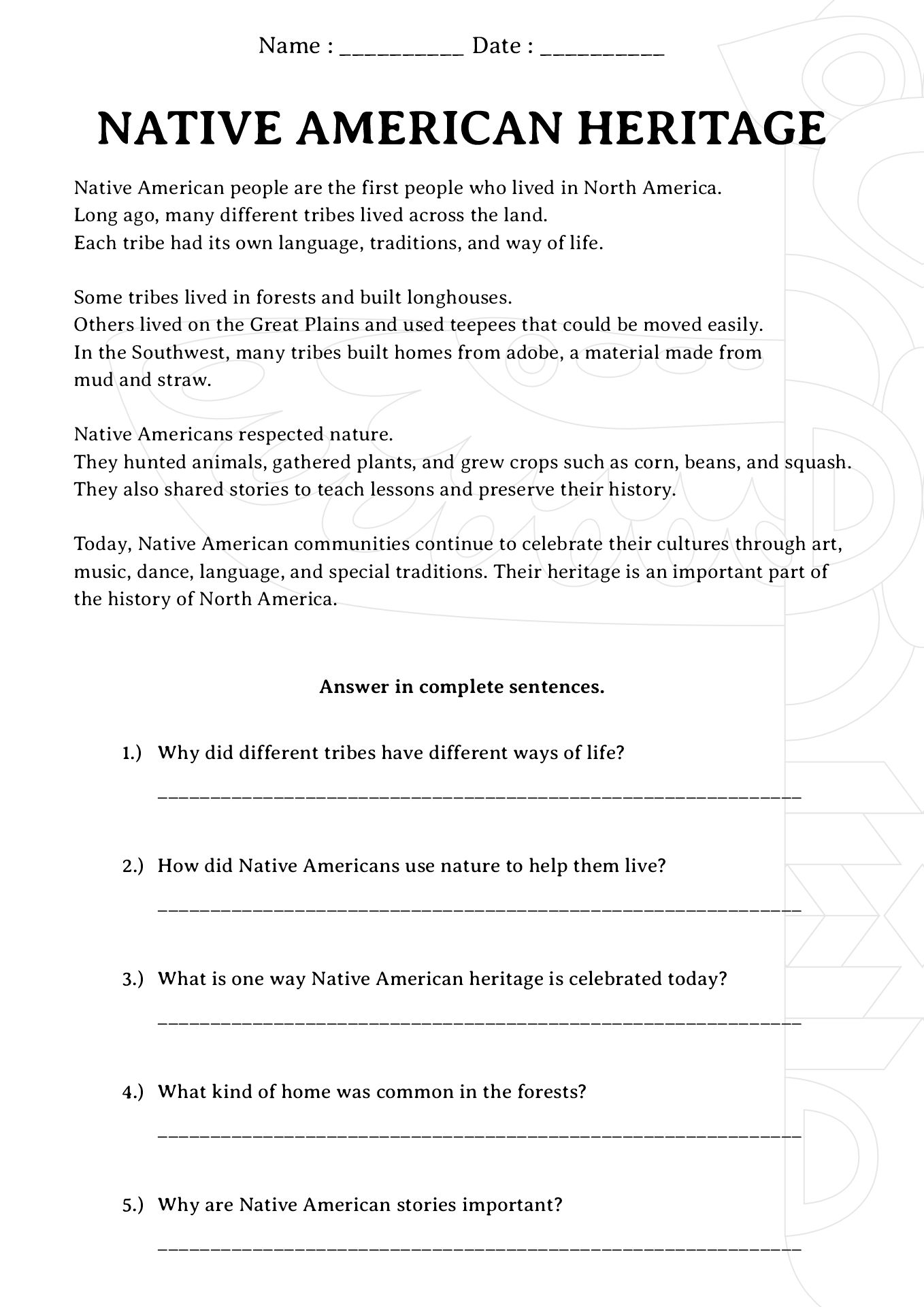 Native American Heritage Reading Tasks
