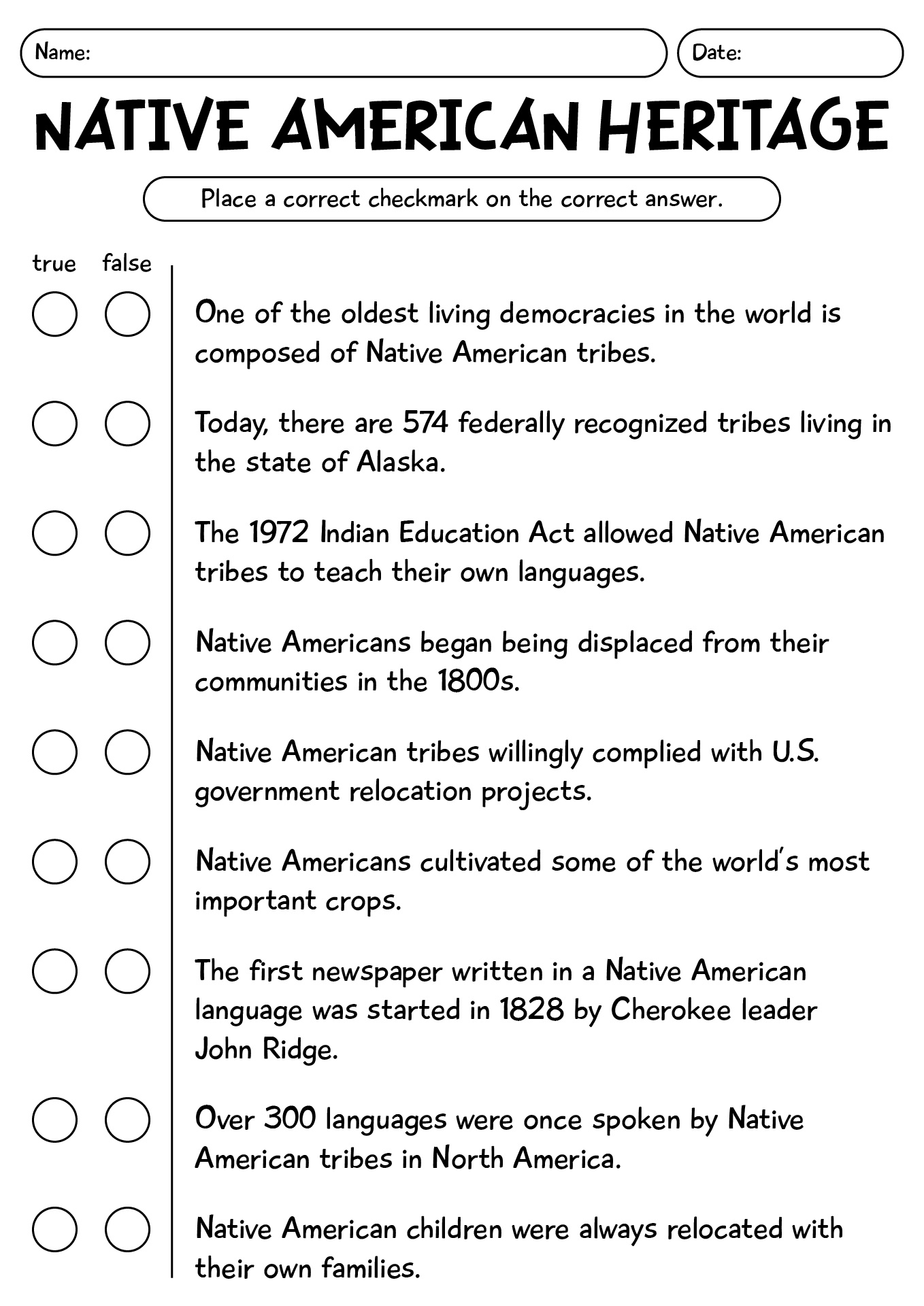 Native American Heritage Worksheets