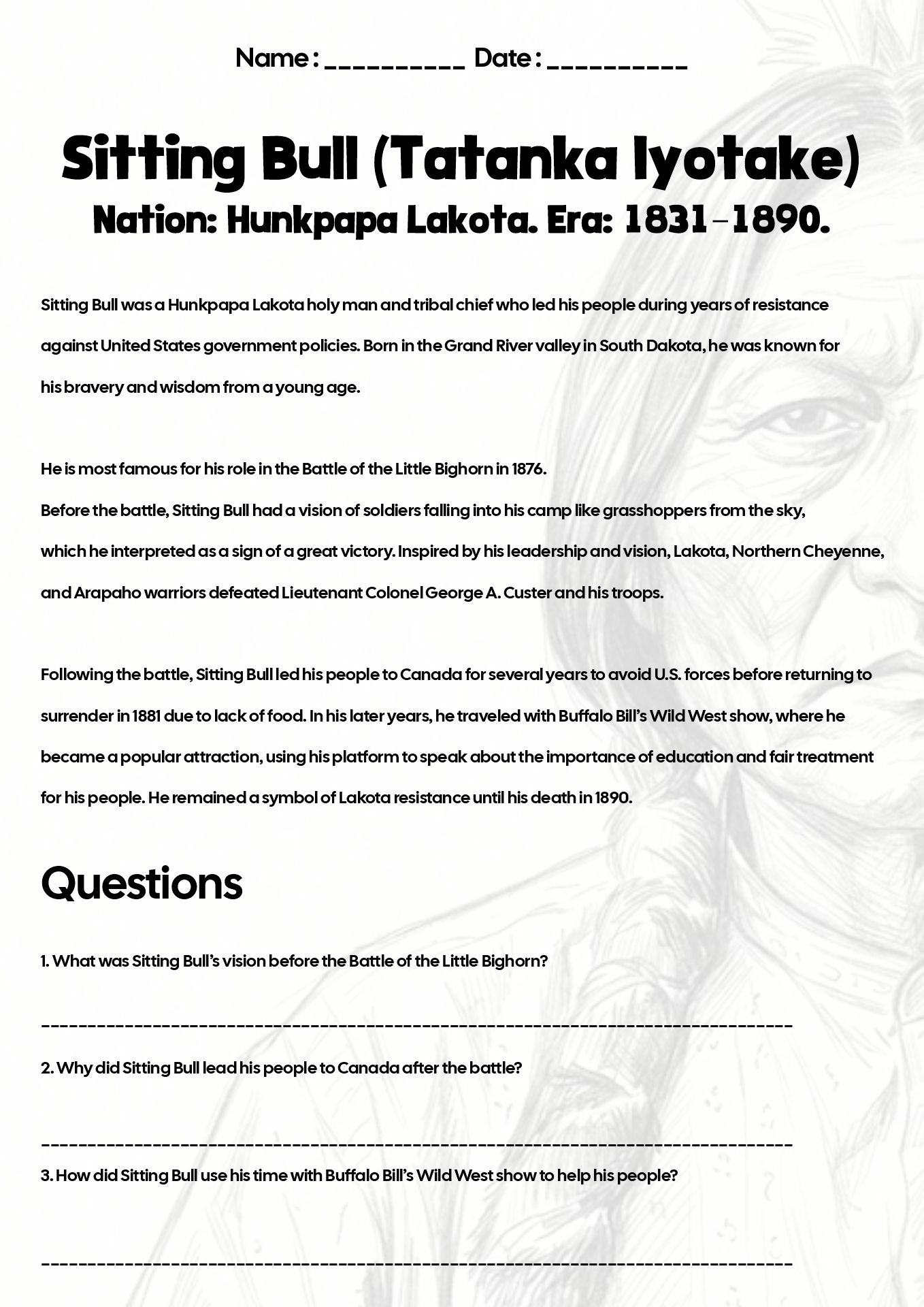 Native American Historical Figures Reading Worksheets
