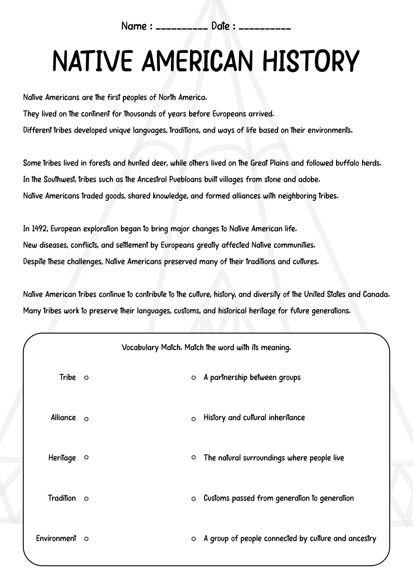 Native American History Activity Sheets