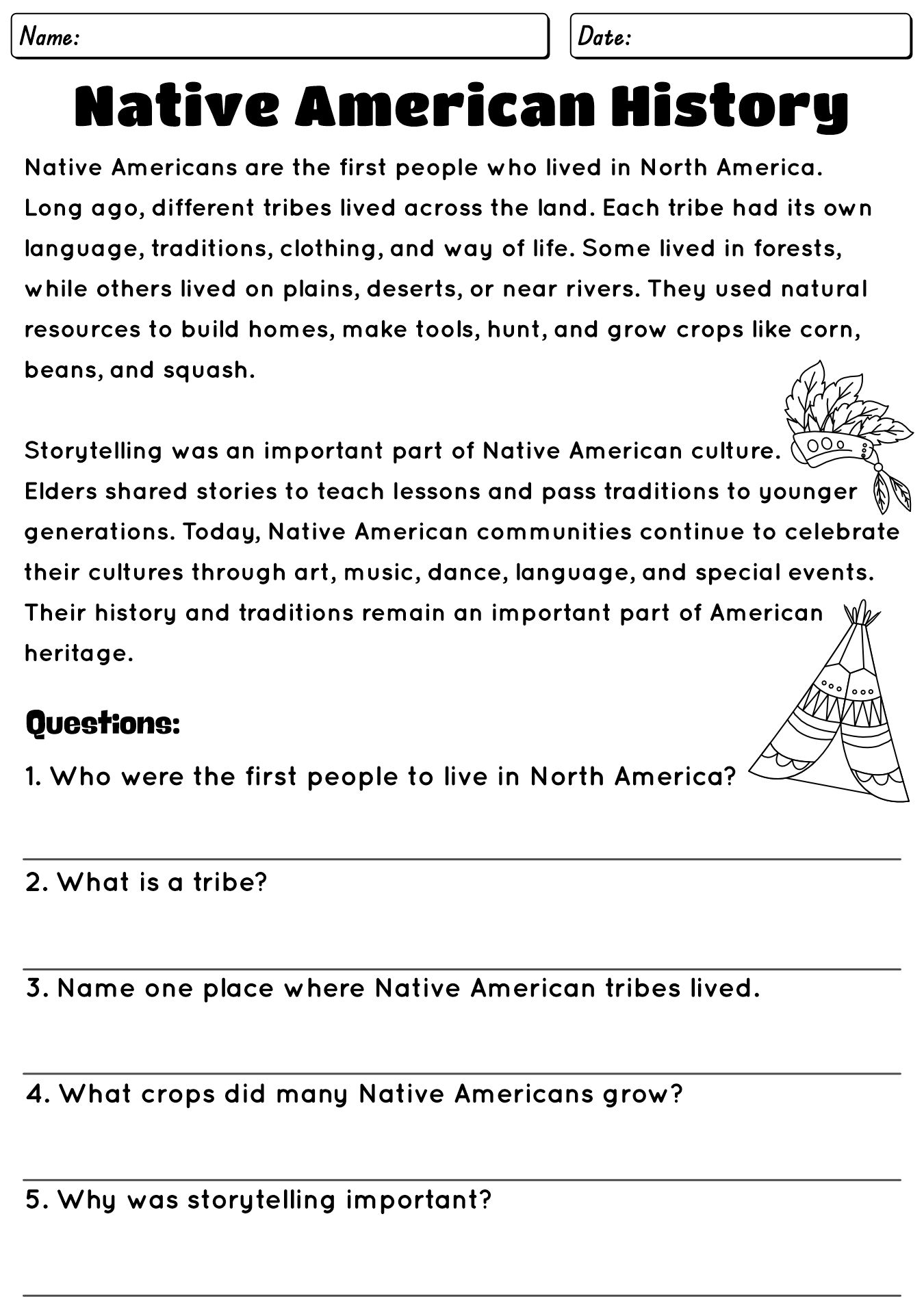 Native American History & Culture Worksheet