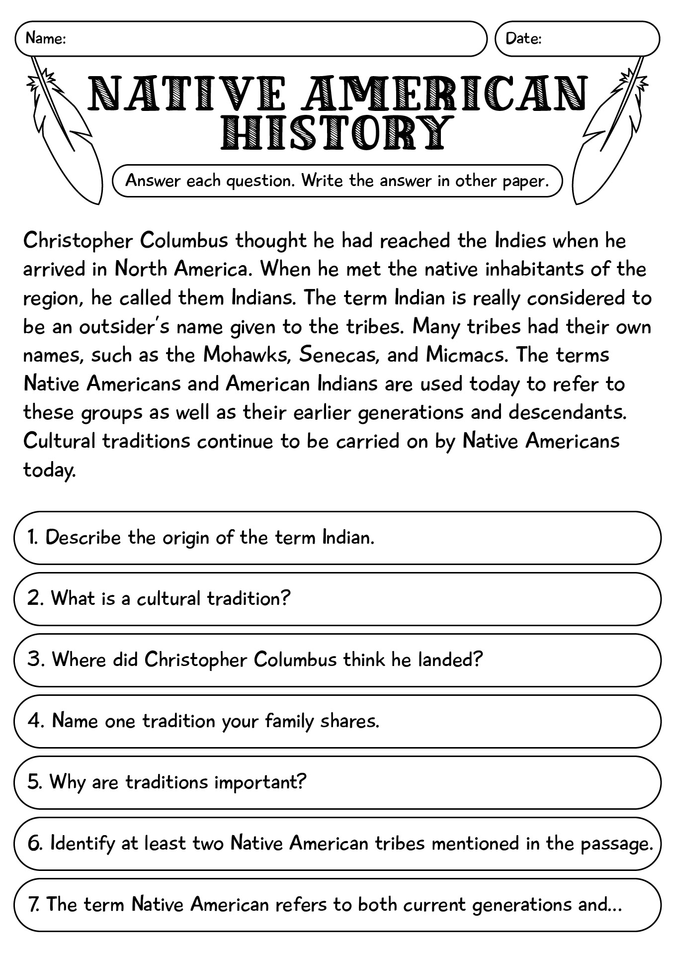 Native American History Worksheet