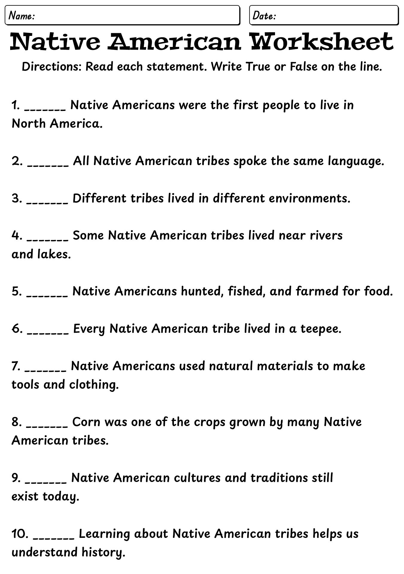 Native American History Worksheets for 2nd Graders
