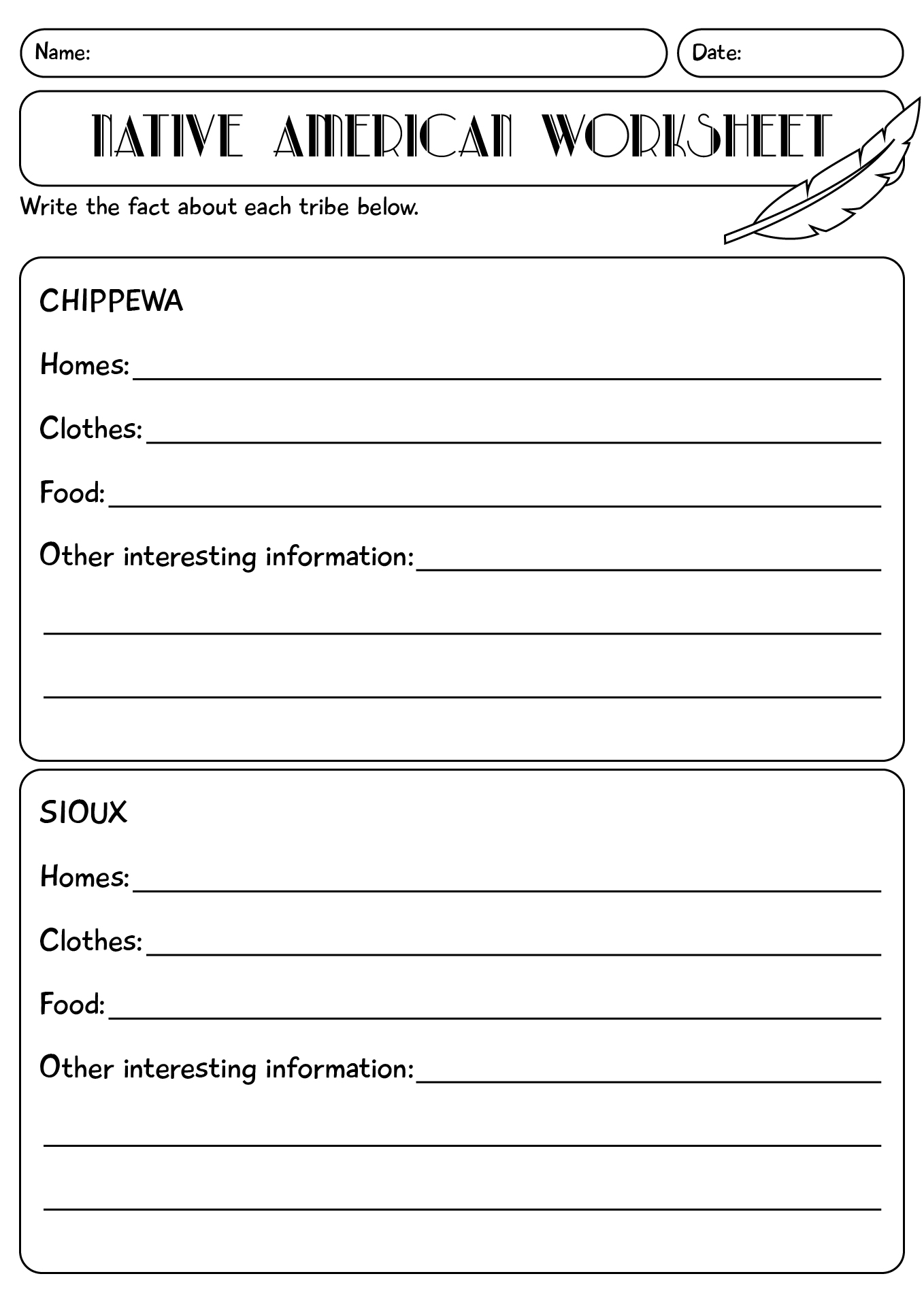 Native American Kindergarten Worksheet