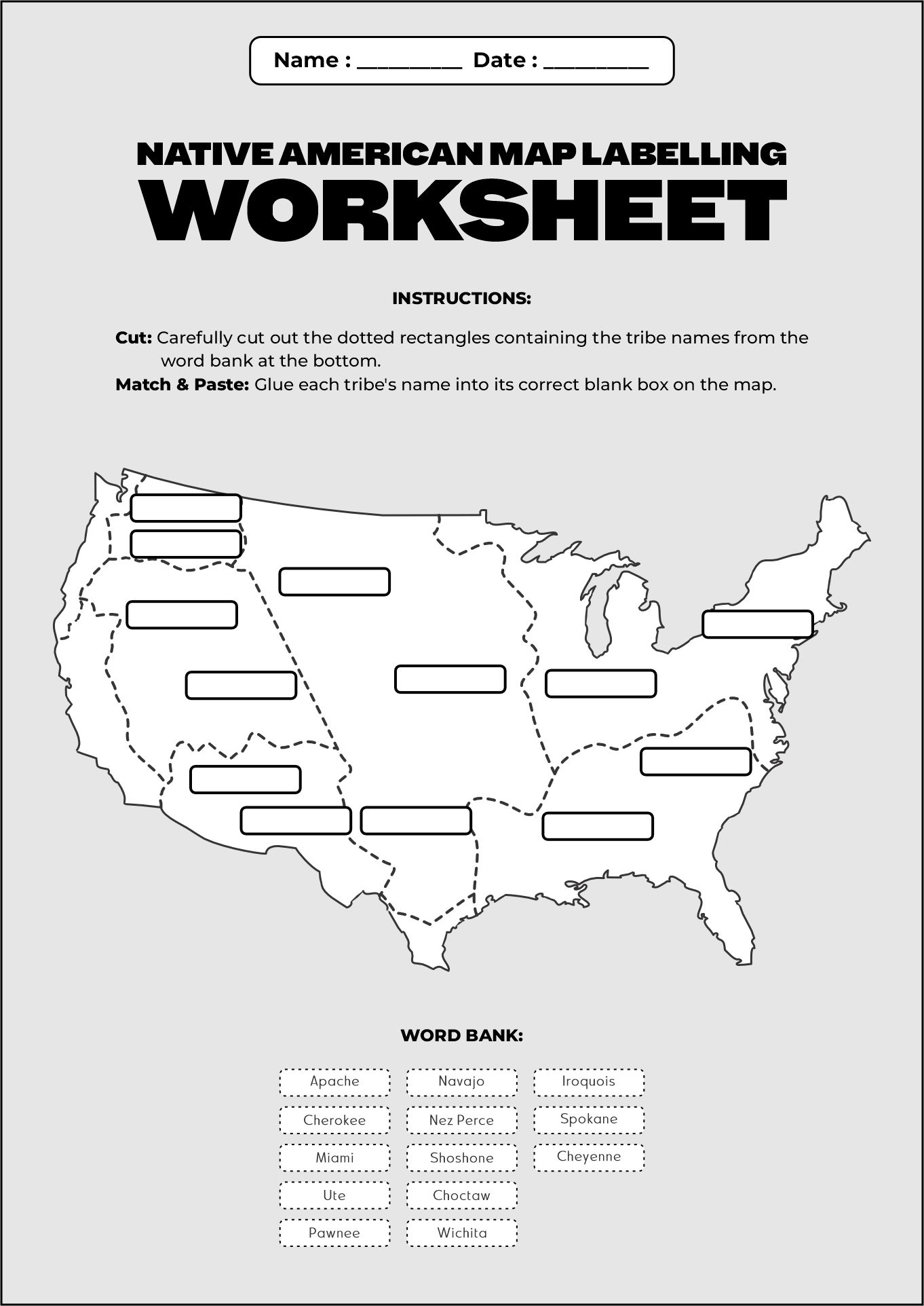 Native American Map Labelling Worksheet