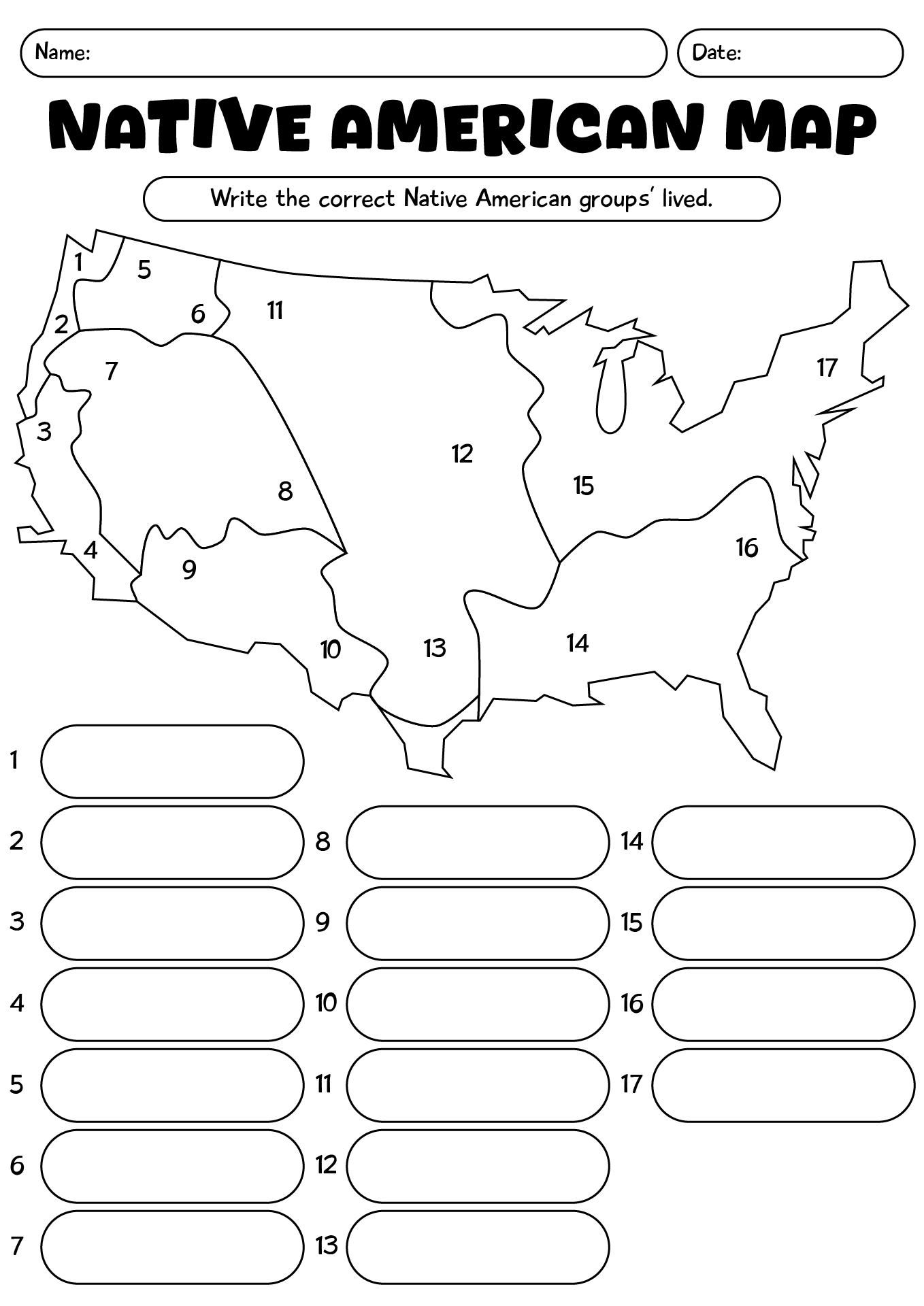 Native American Map Labelling Worksheet