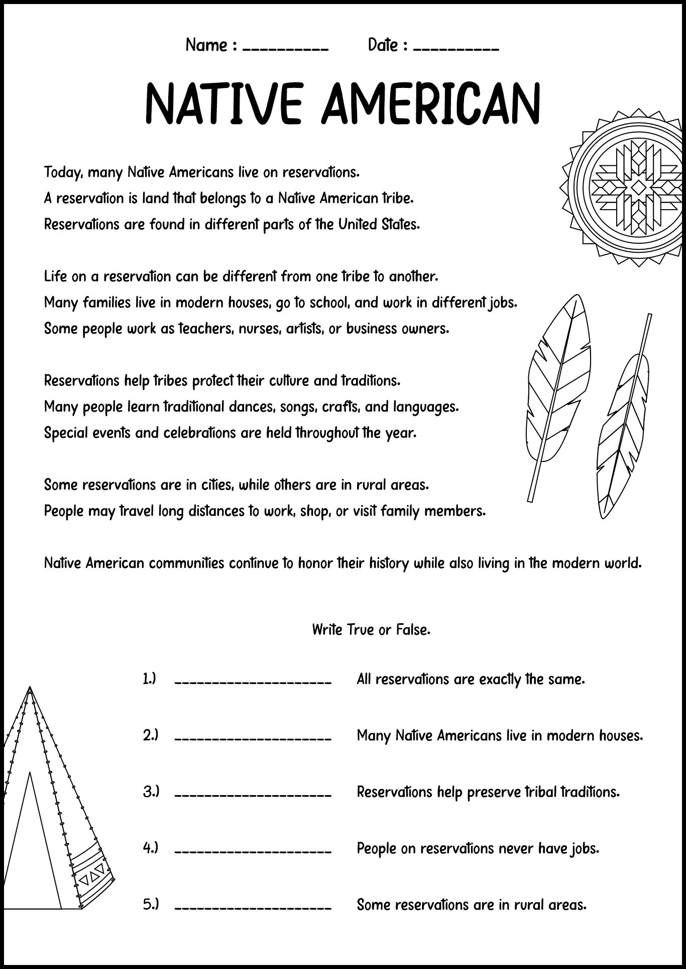 Native American Reservation Life Reading Activities