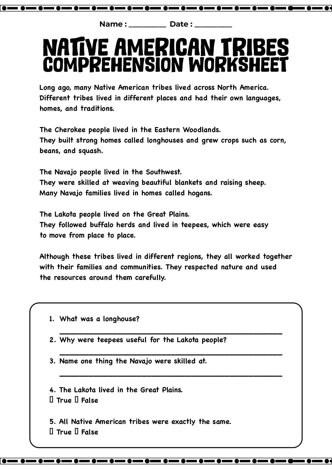 Native American Tribes Comprehension Sheets