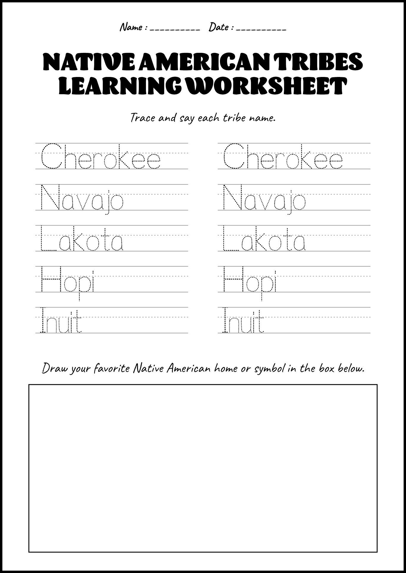 Native American Tribes Learning Sheets for Kindergarten