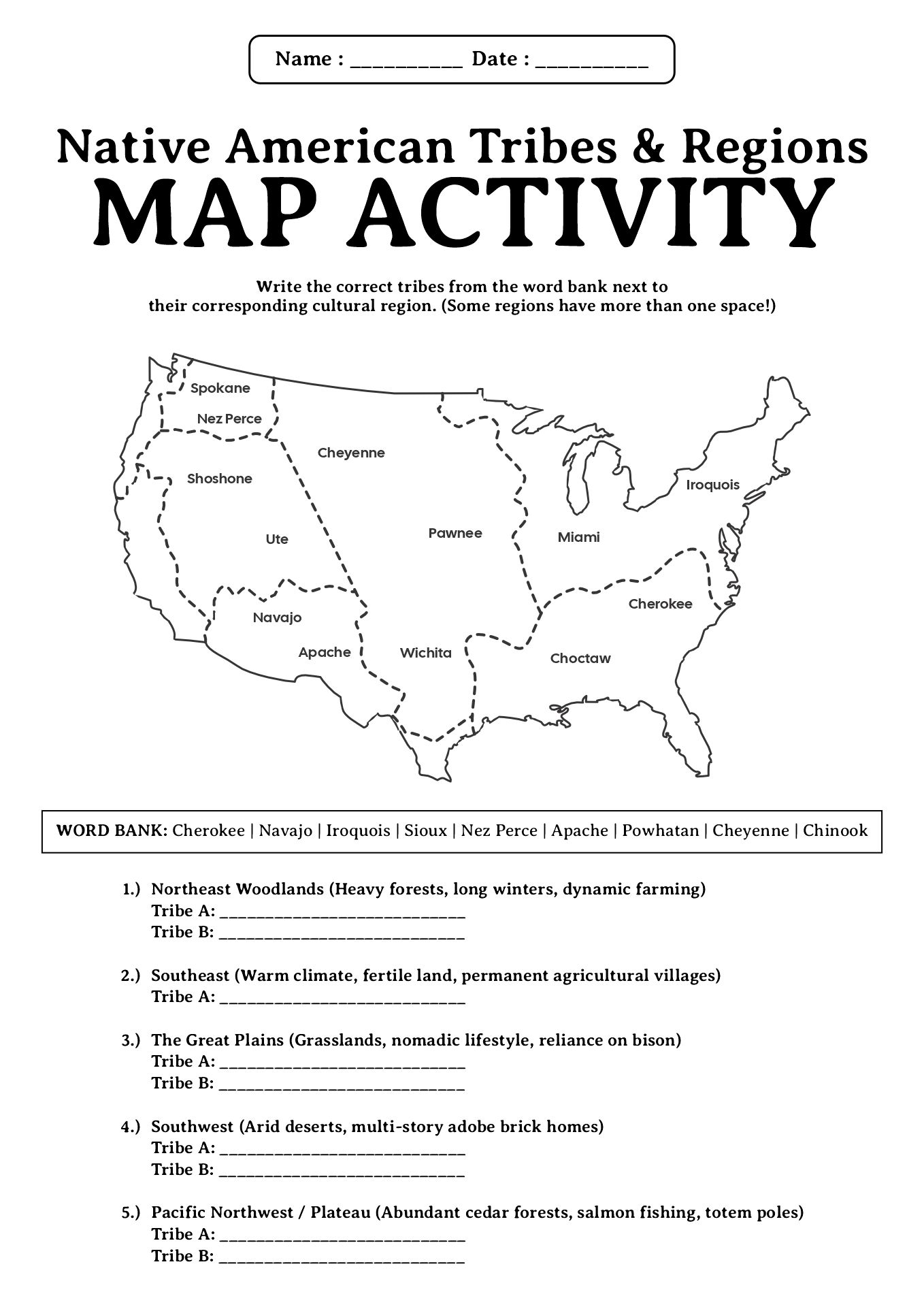 Native American Tribes Location Map Worksheet