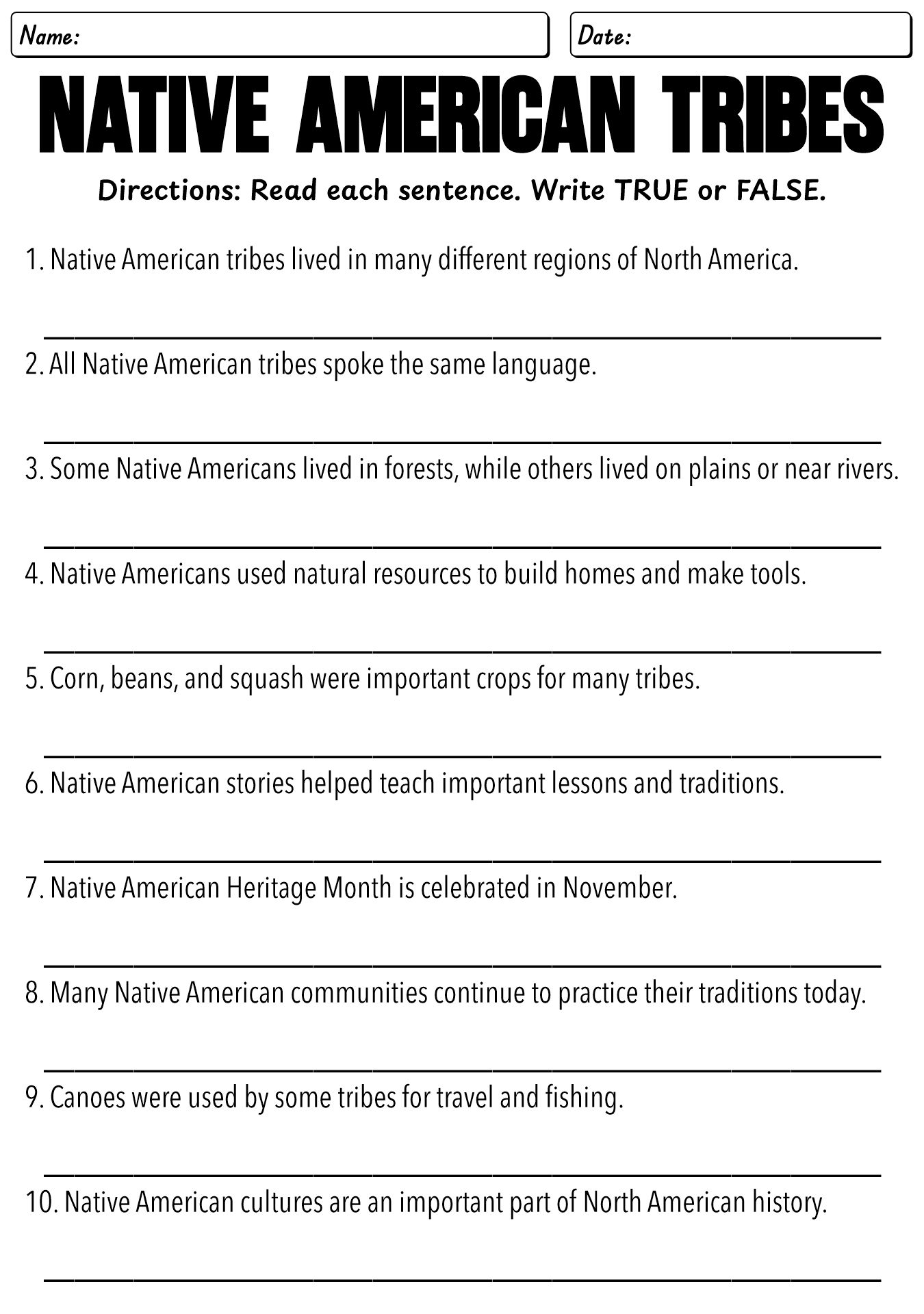 Native American Tribes Worksheets for Grade 2