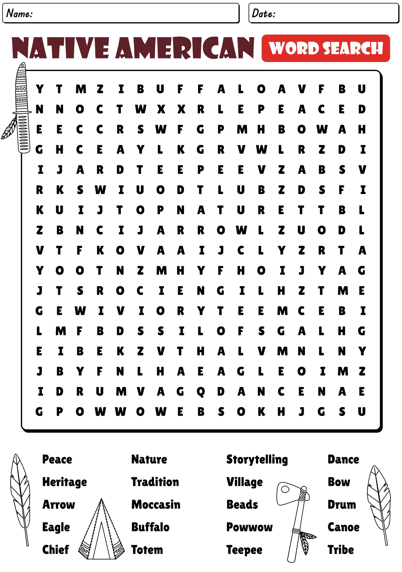 Native American Word Search Worksheet