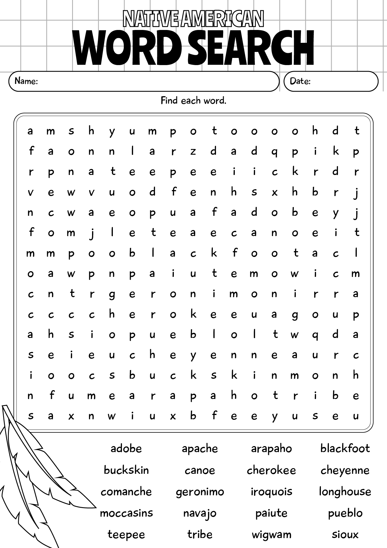 Native American Word Search Worksheet