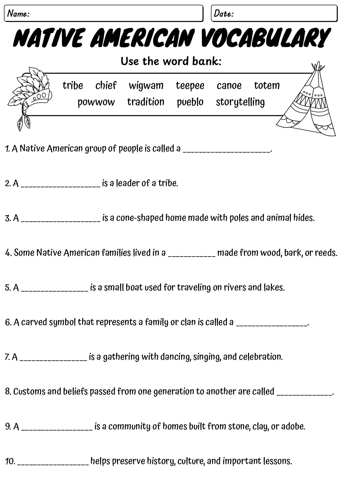 Native American Worksheets For Students