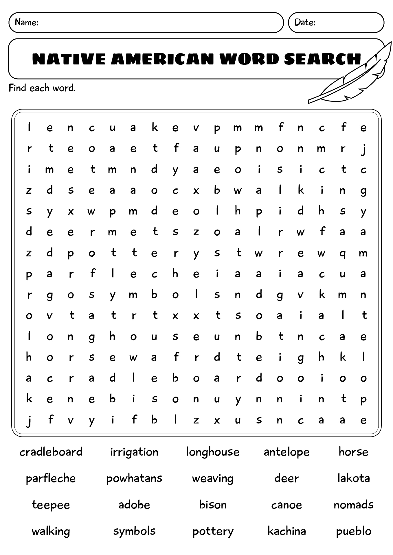 Native Americans Word Search For Kids