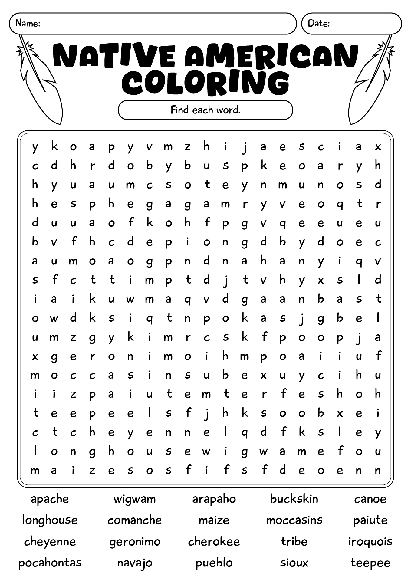 Native Americans Word Search Worksheets