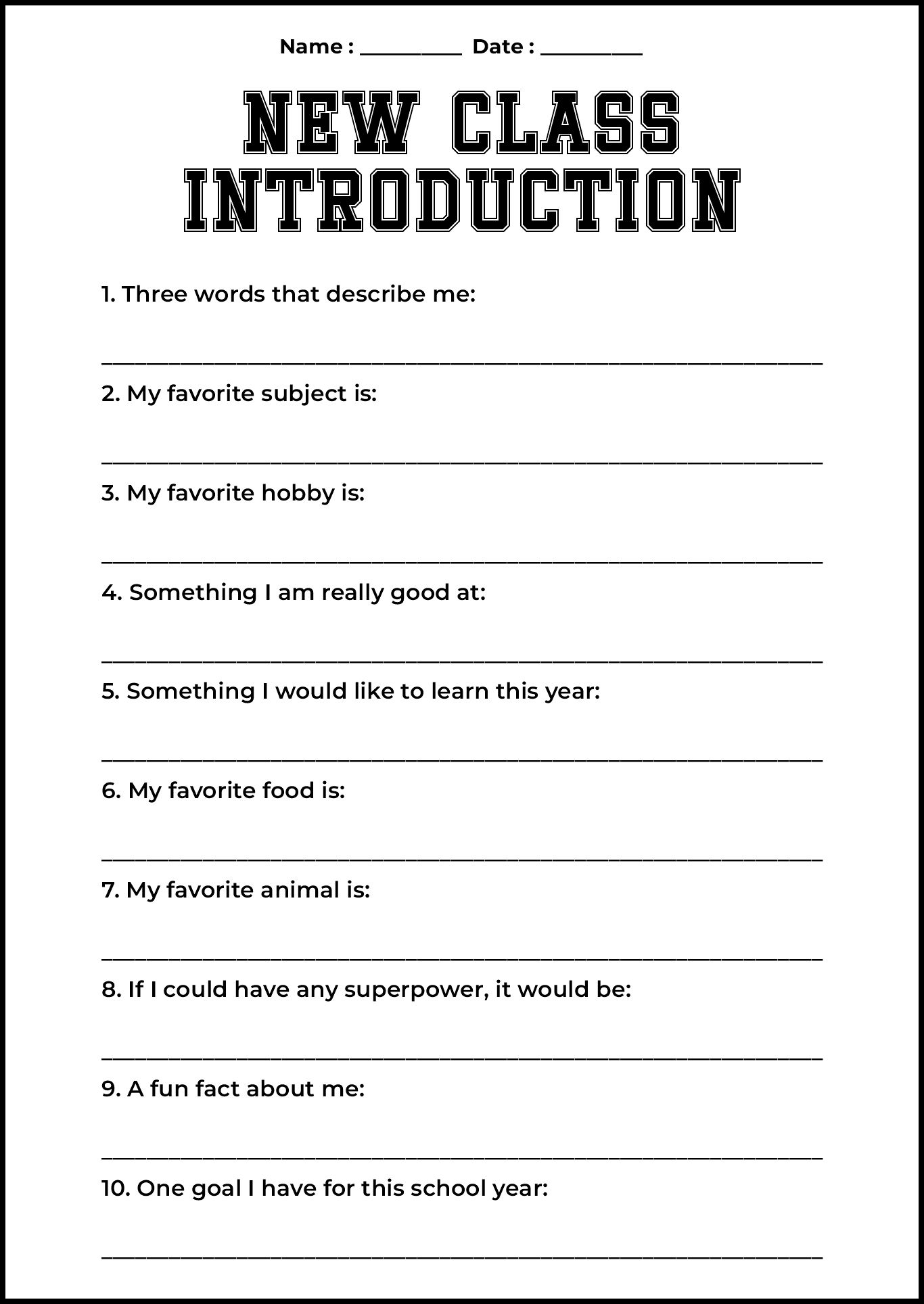 New Class Introduction Questionnaire