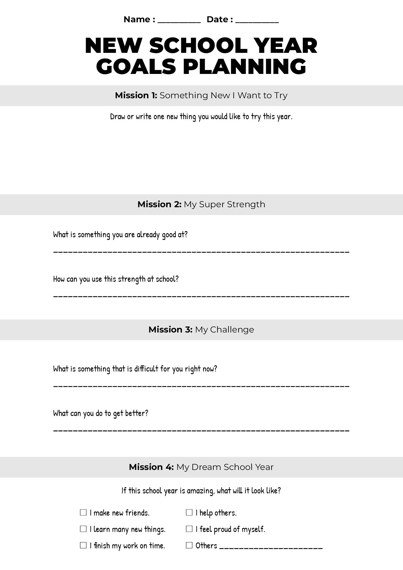 New School Year Goals Planning Worksheets