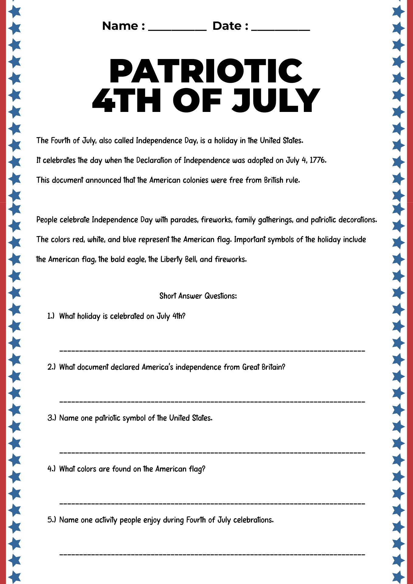 Patriotic 4th of July Learning Worksheets