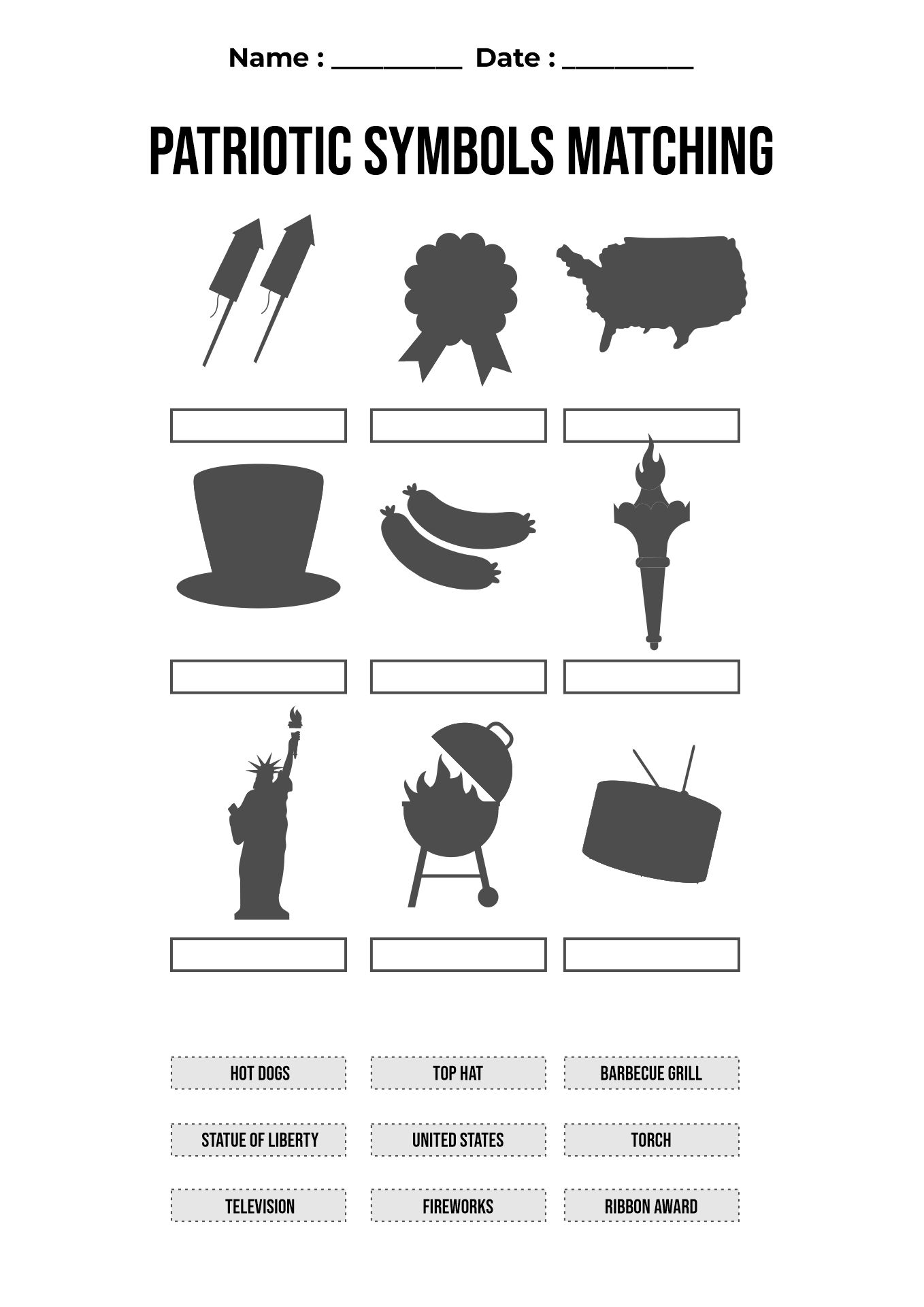 Patriotic Symbols Matching Game Sheets