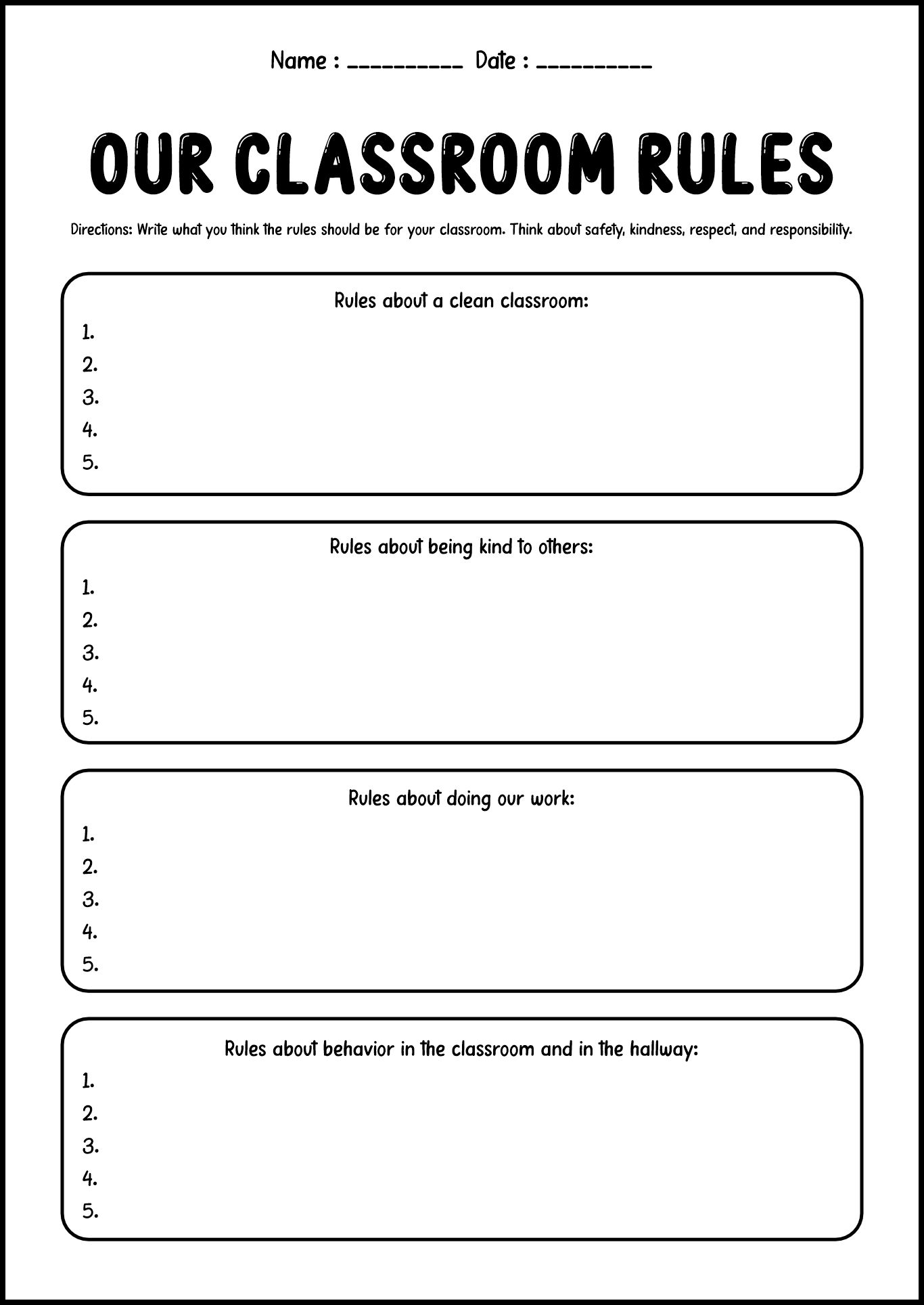 Pre-K First Day Classroom Rules Worksheet