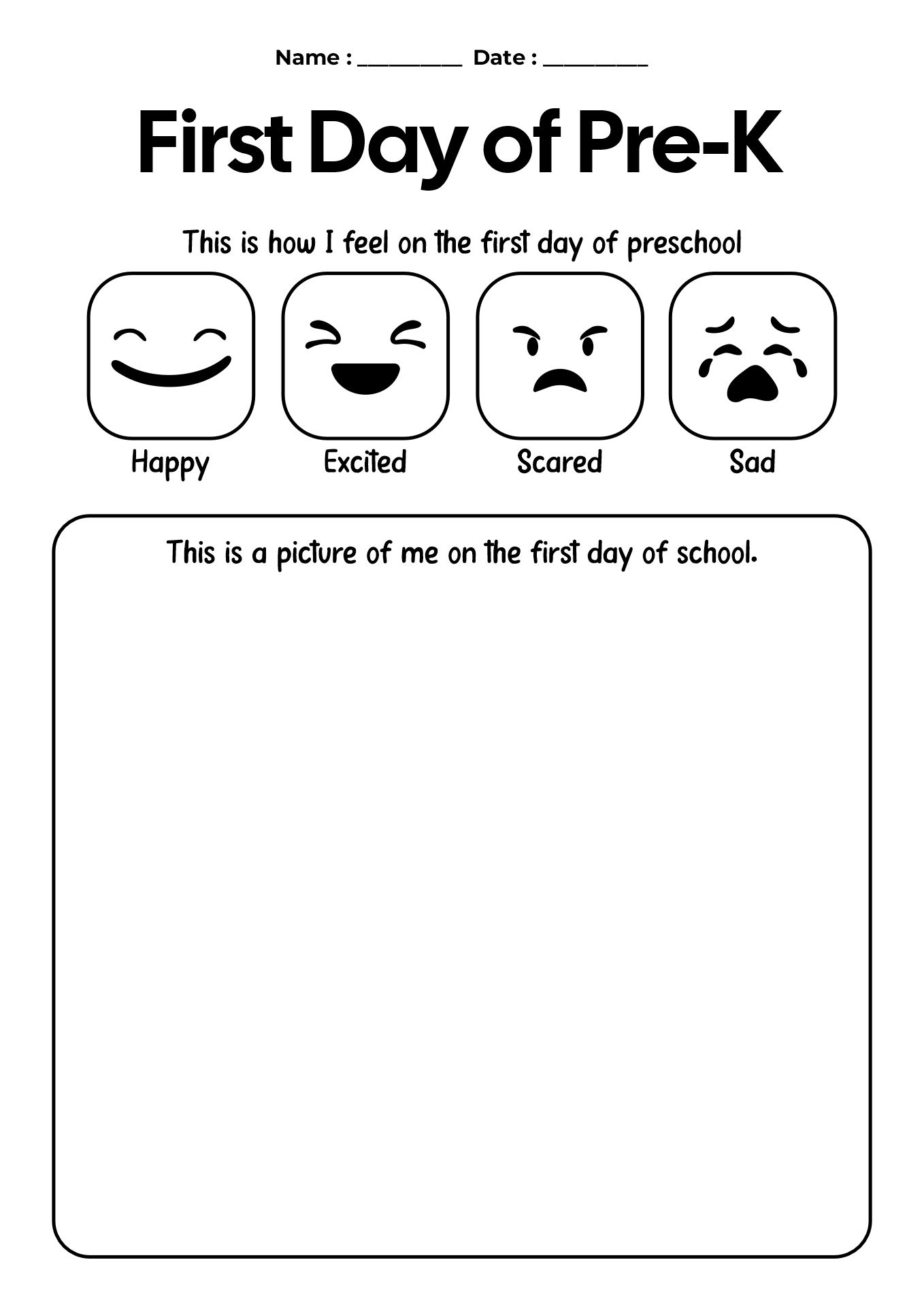 Pre-K First Day Emotions Worksheet
