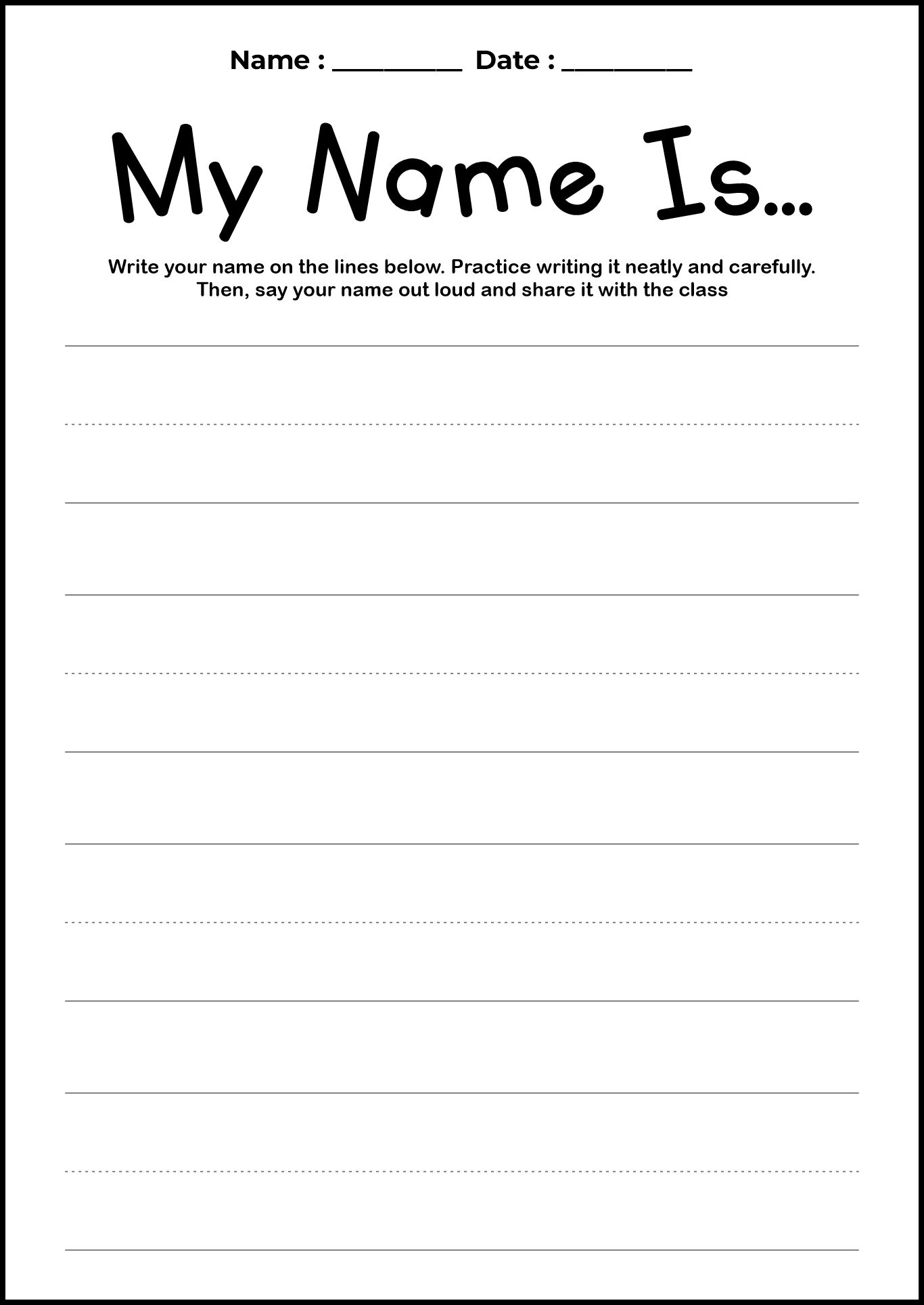 Pre-K First Day Name Learning Worksheet