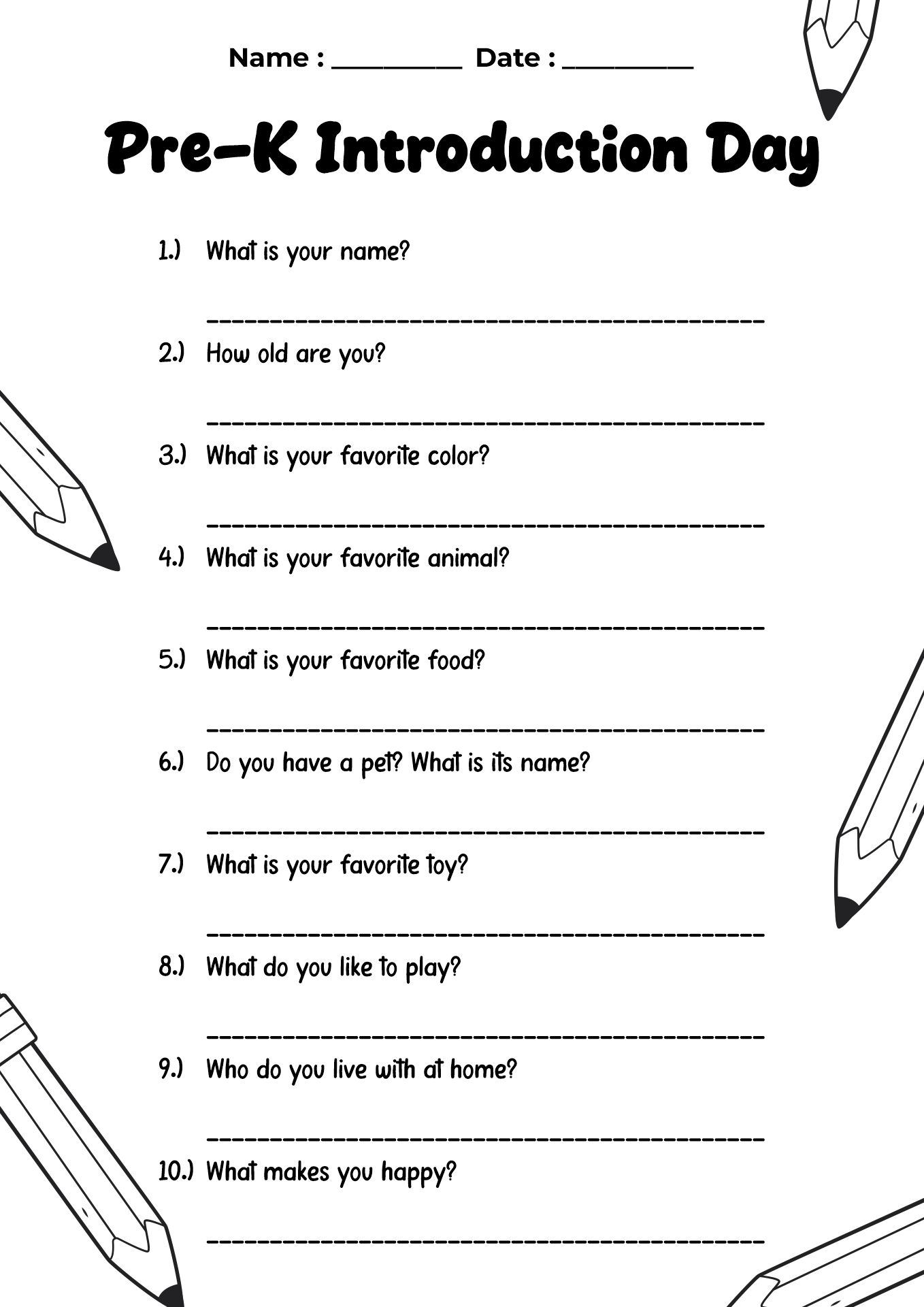Pre-K Introduction Day Questionnaire