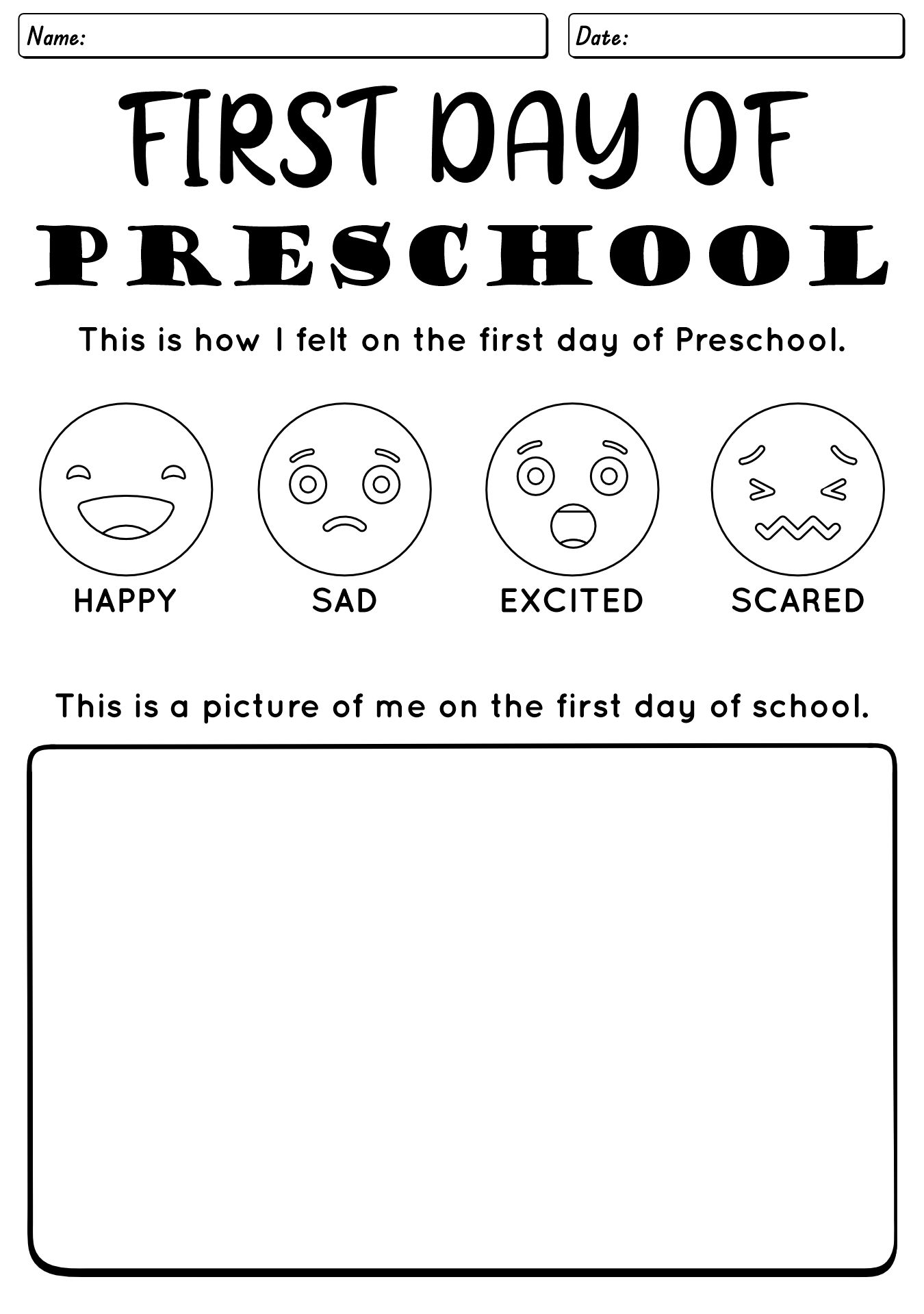Preschool First Day Emotional Skills Worksheet
