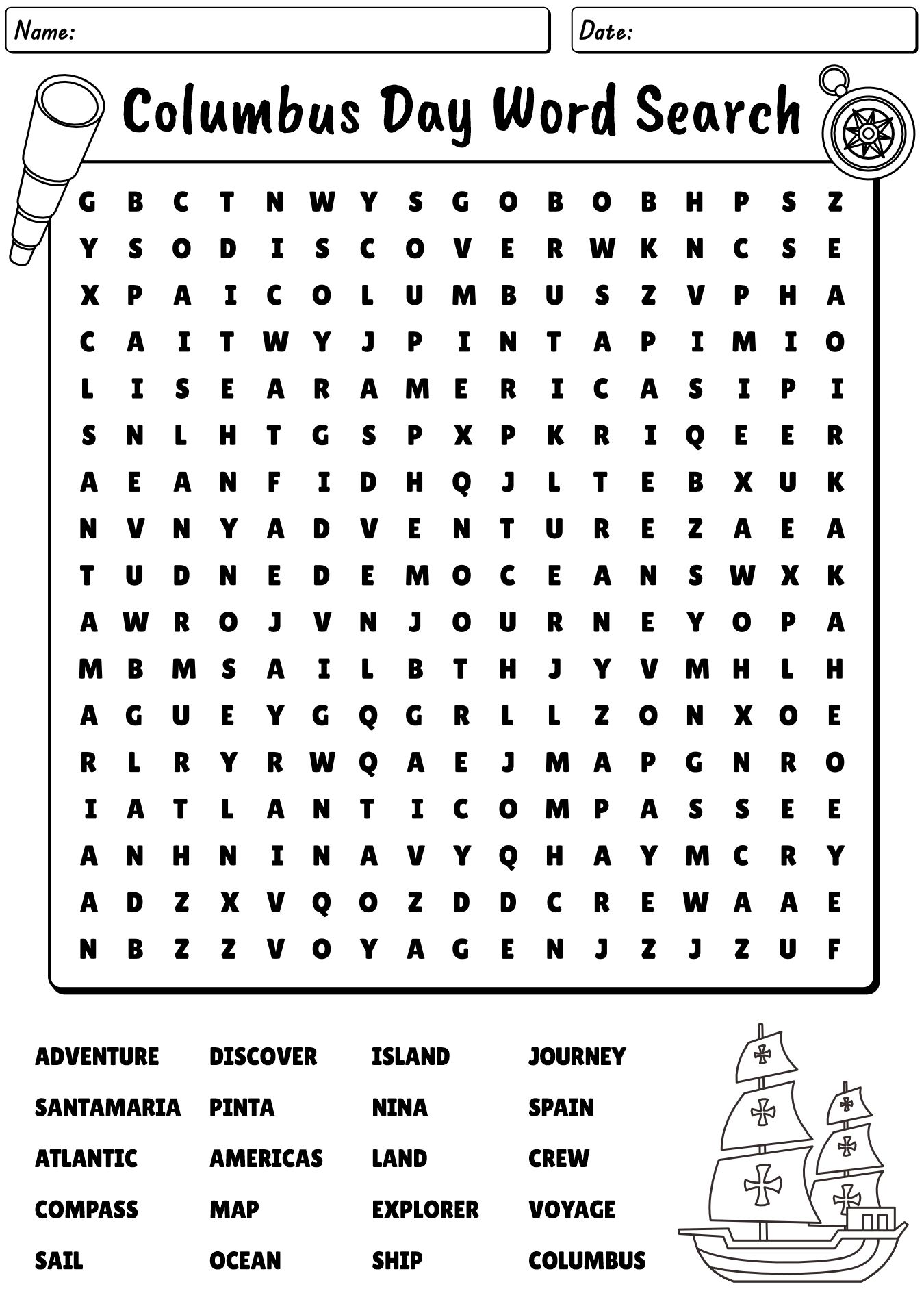 Printable Columbus Day Word Search Activities