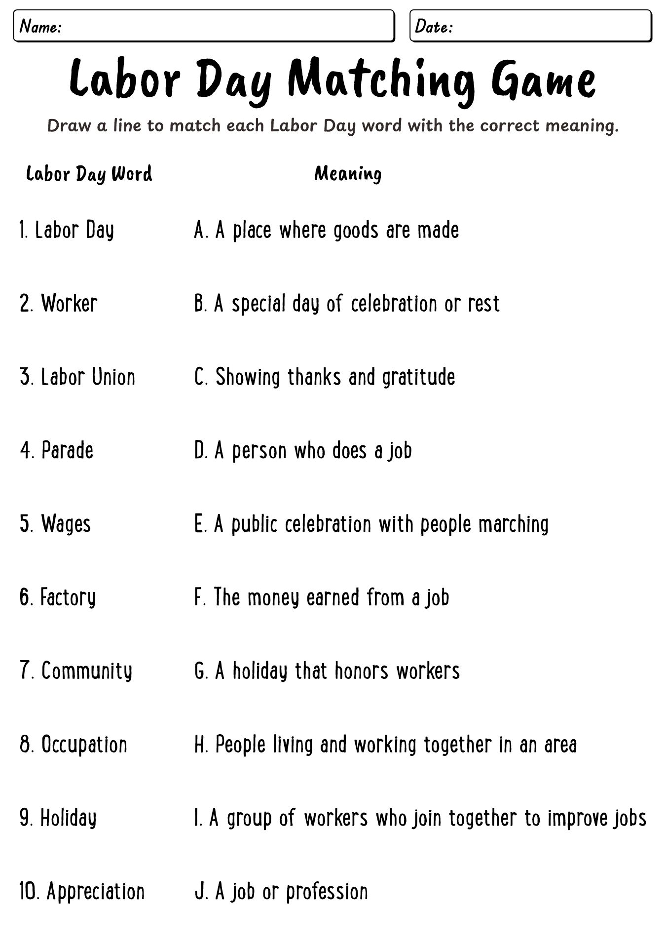 Printable Labor Day Matching Game for Elementary Students